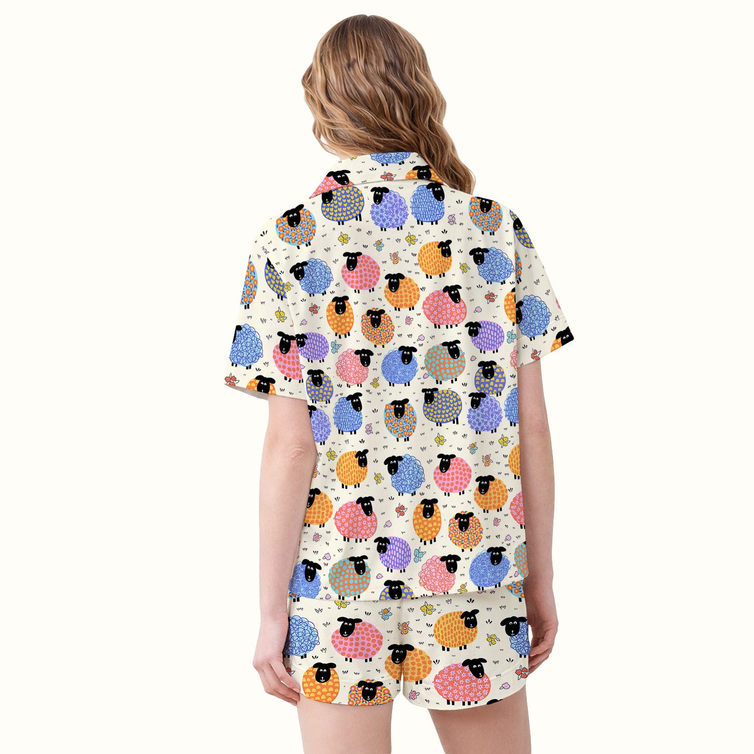 Funny Colorful Sheep Pattern Pajama Set, Breathable Fabrics Uniform