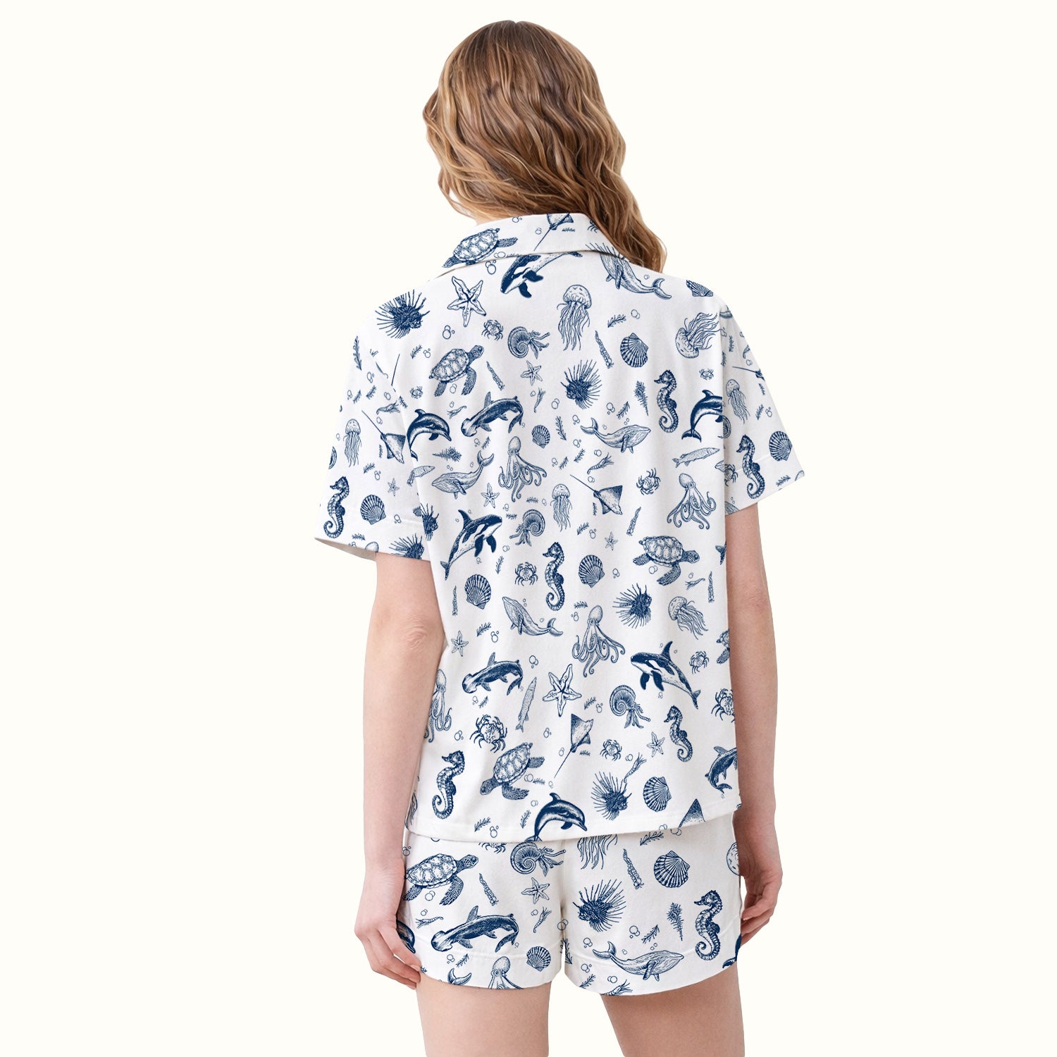 Marine Sea Life Pattern Pajama Set, Breathable Fabrics Uniform