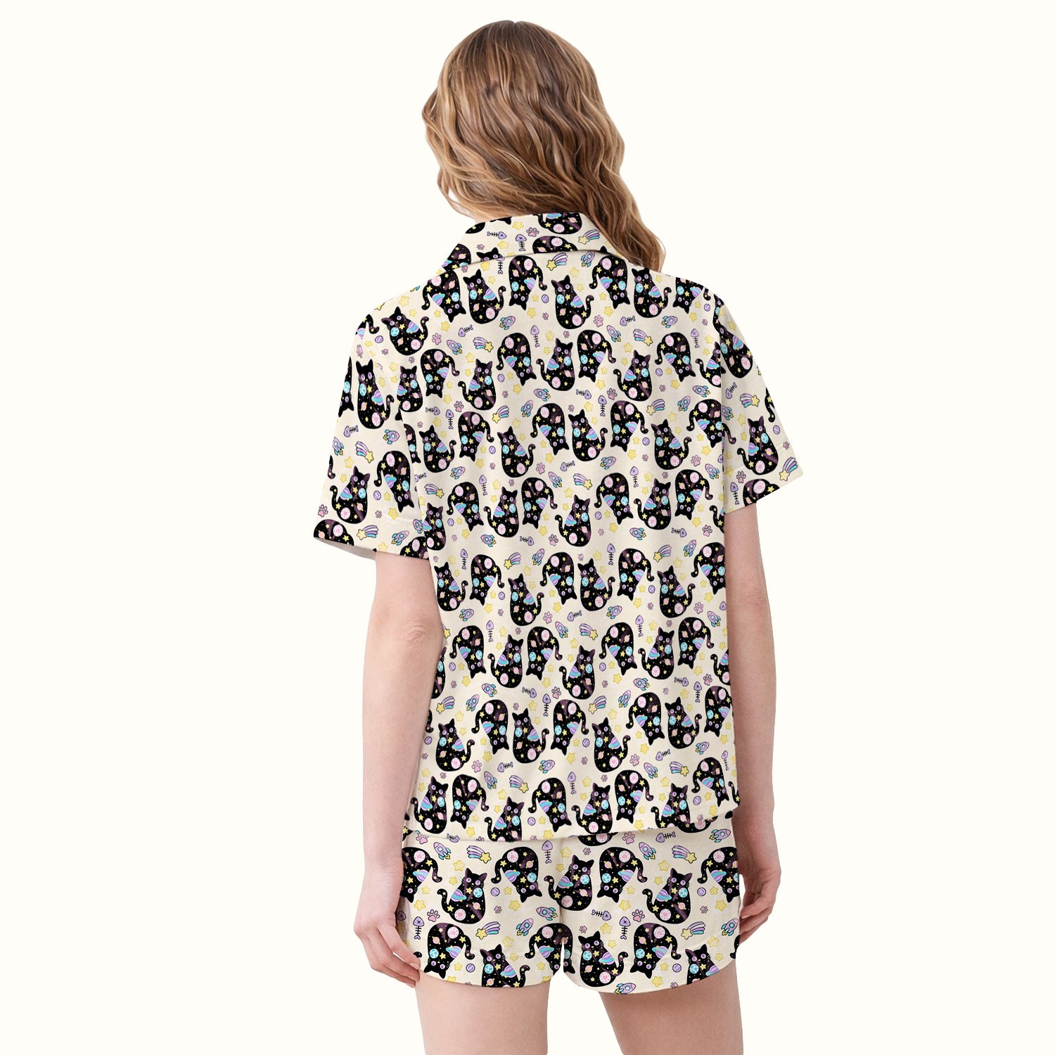 Galaxy Black Cat Space Pattern Pajama Set, Breathable Fabrics Uniform