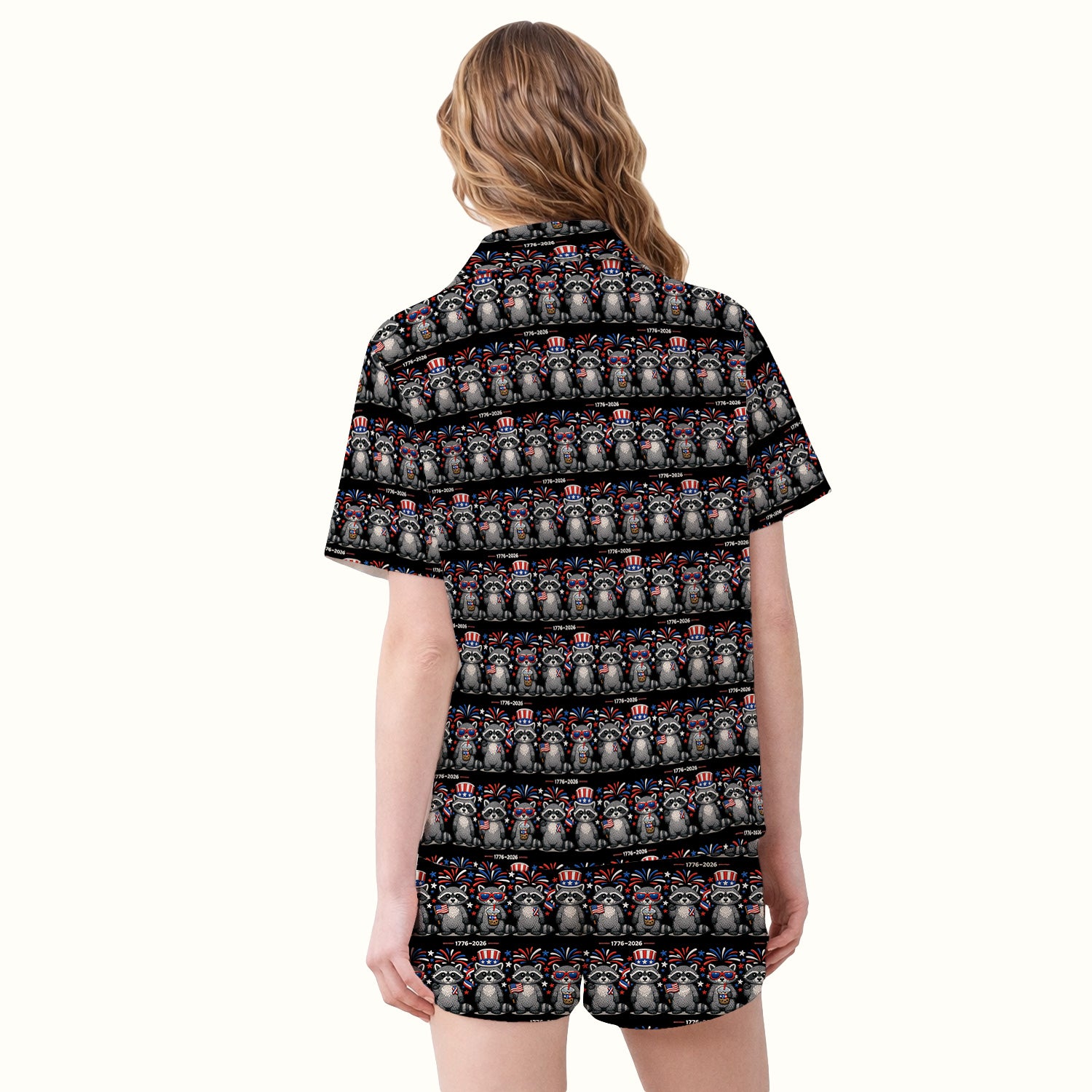 Patriotic Raccoon Fireworks Stripe Pattern Pajama Set, Soft Breathable Fabric Comfortable Sleepwear