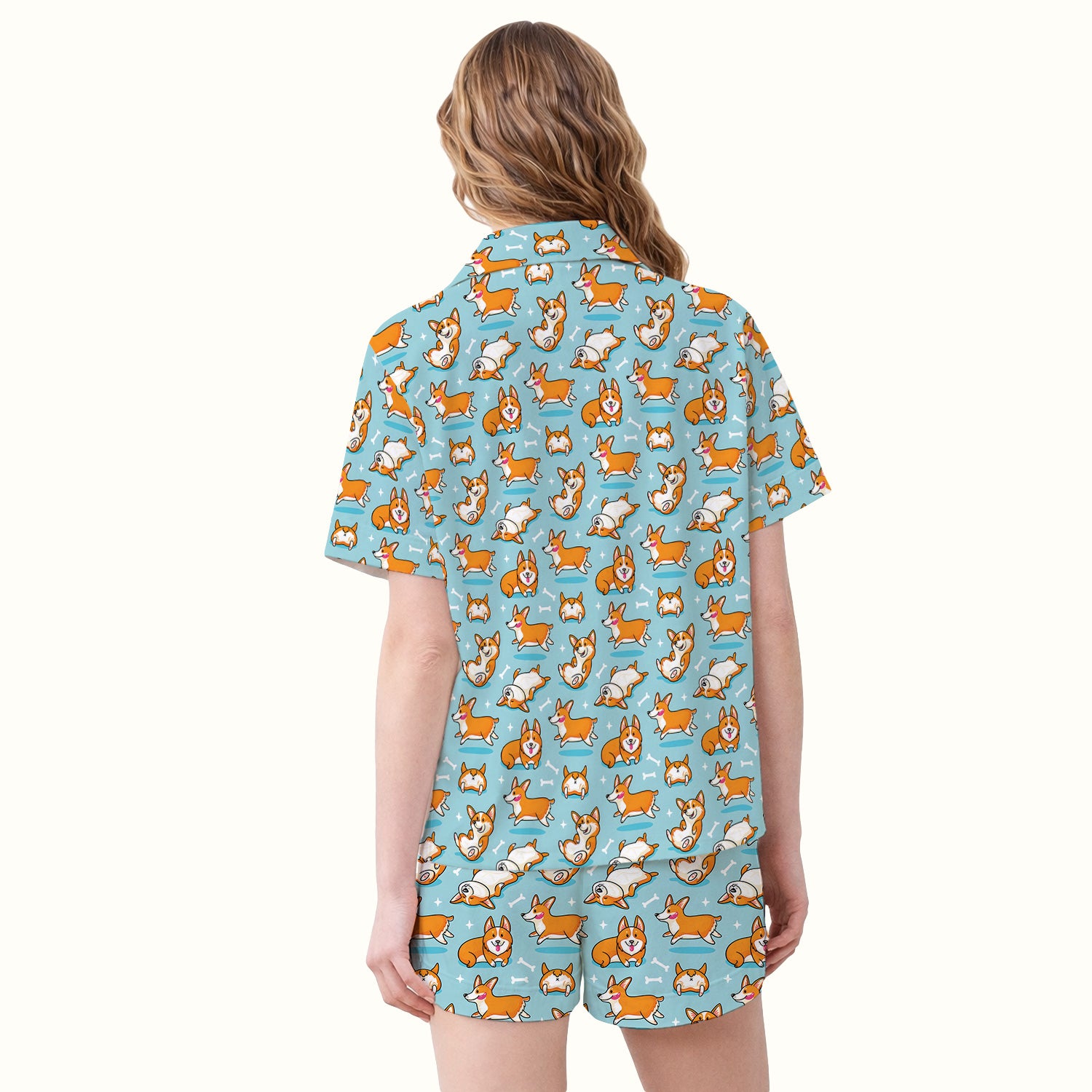 Corgi Dog Playing Rolling Bone Pattern Pajama Set, Breathable Fabrics Uniform