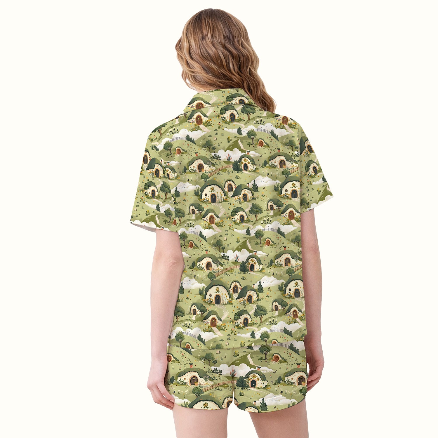 Cozy Hobbit Village Landscape Pattern Pajama Set, Soft Breathable Fabric Comfortable Sleepwear