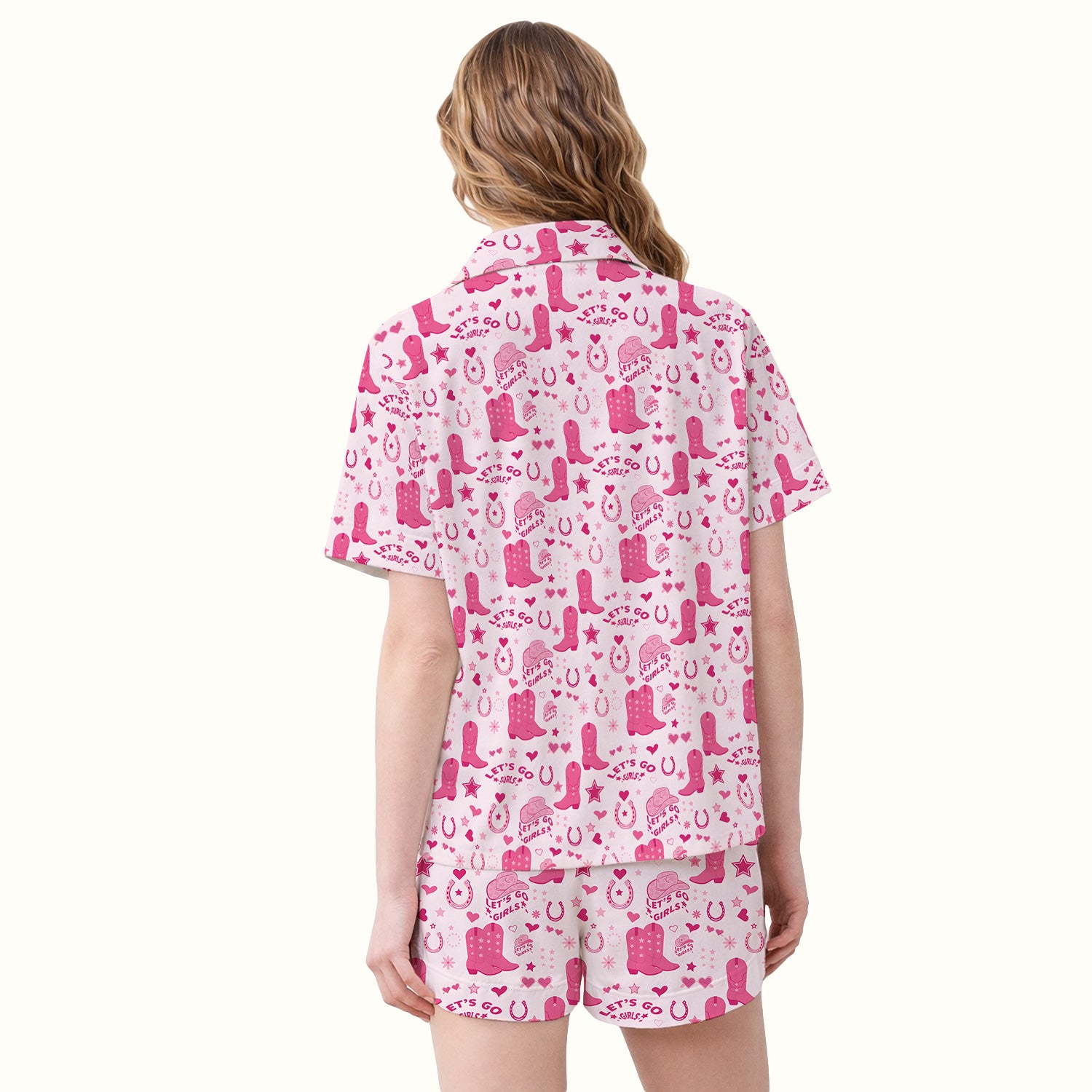 Pink Cowgirl Boots Print Pajama Set, Soft Breathable Fabric Comfortable Sleepwear
