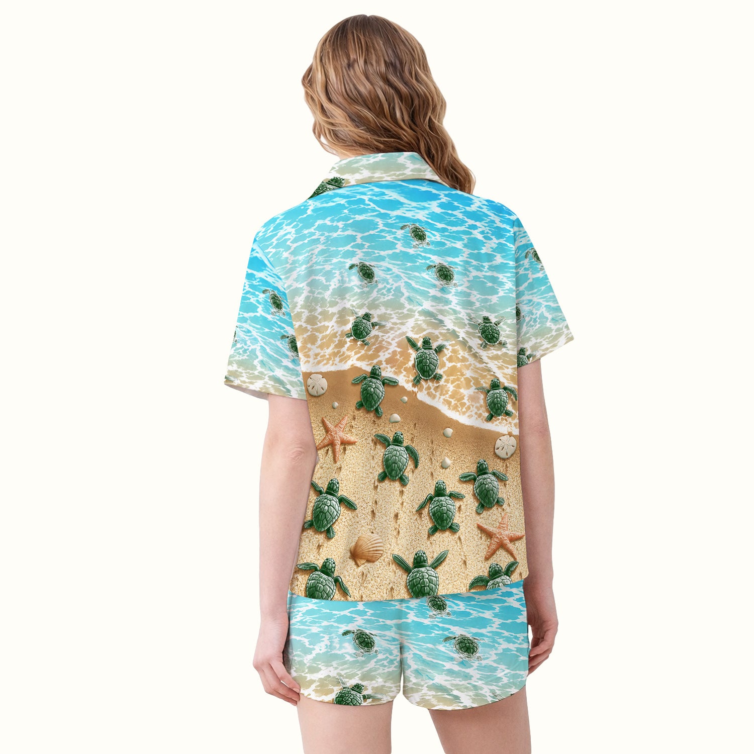 Coastal Sea Turtle Beach Pattern Pajama Set, Soft Breathable Fabric Comfortable Sleepwear