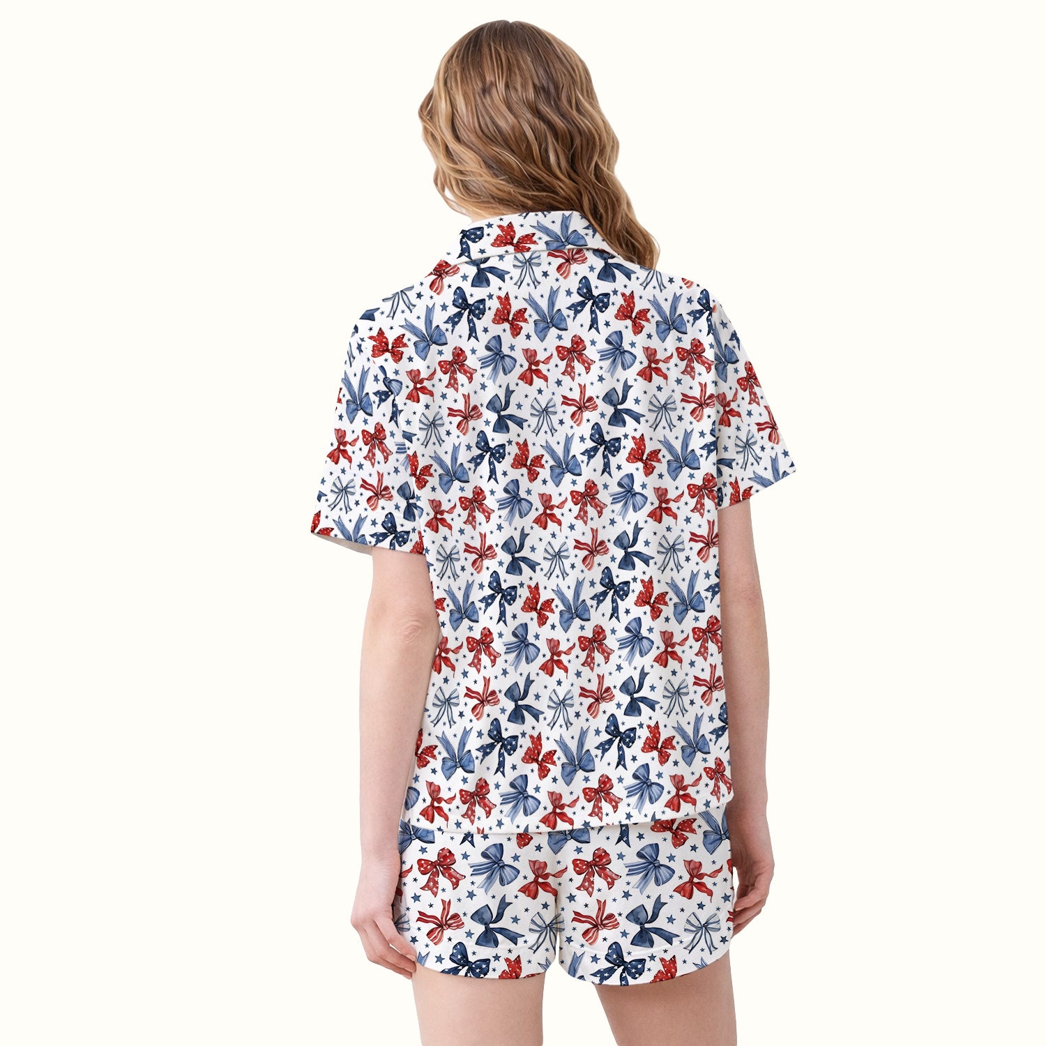 Patriotic Red Blue Ribbon Pattern Pajama Set, Soft Breathable Fabric Comfortable Sleepwear