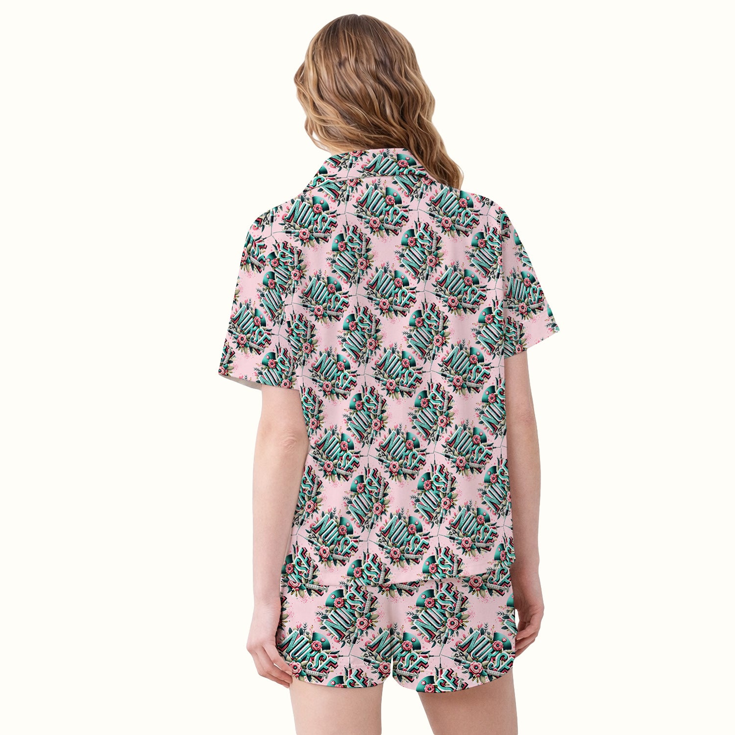 Cute Nurse Typography Floral Medical Pattern Pajama Set, Soft Breathable Fabric Comfortable Sleepwear