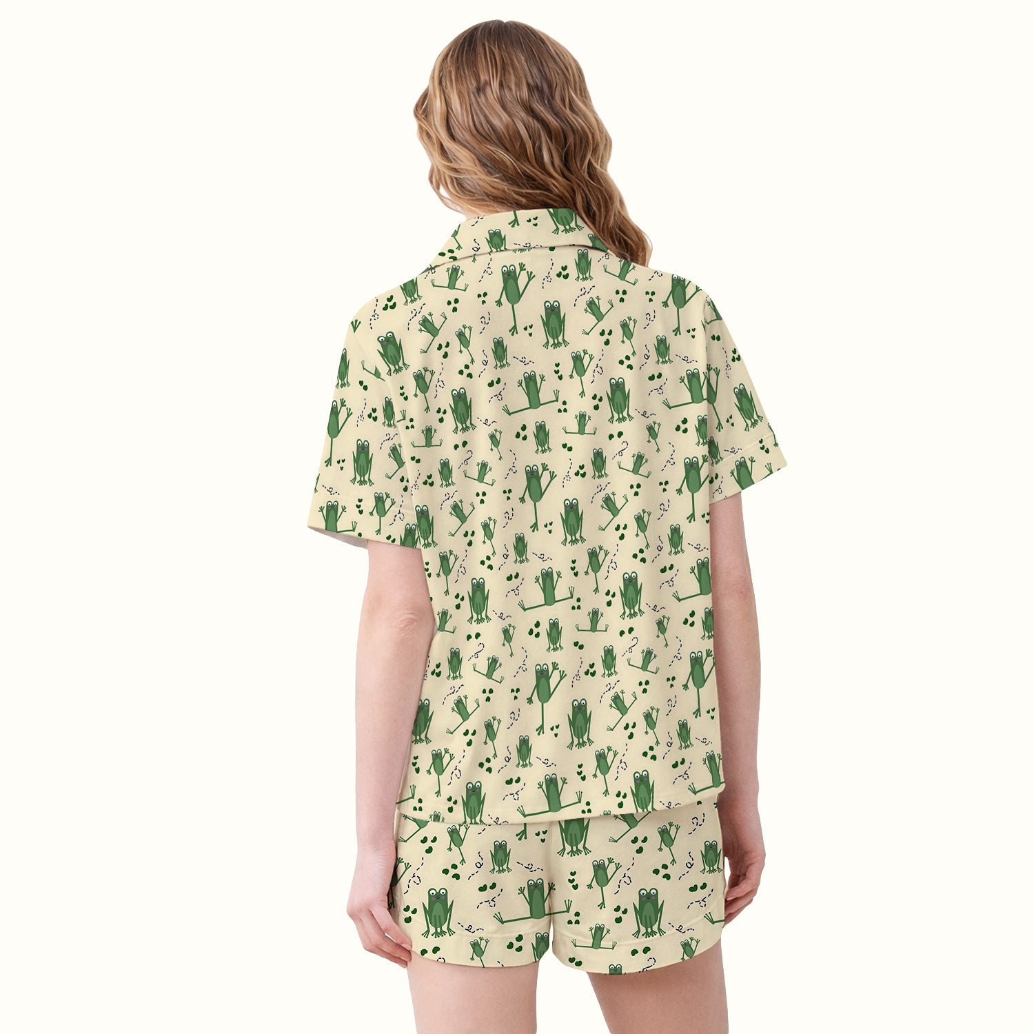 Frog Jumping Footprint Trail Pattern Pajama Set, Breathable Fabrics Uniform