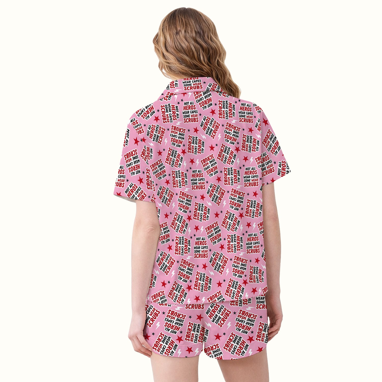 Not All Heroes Wear Scrubs Quote Stars Lightning Pattern Pajama Set, Breathable Fabrics Uniform