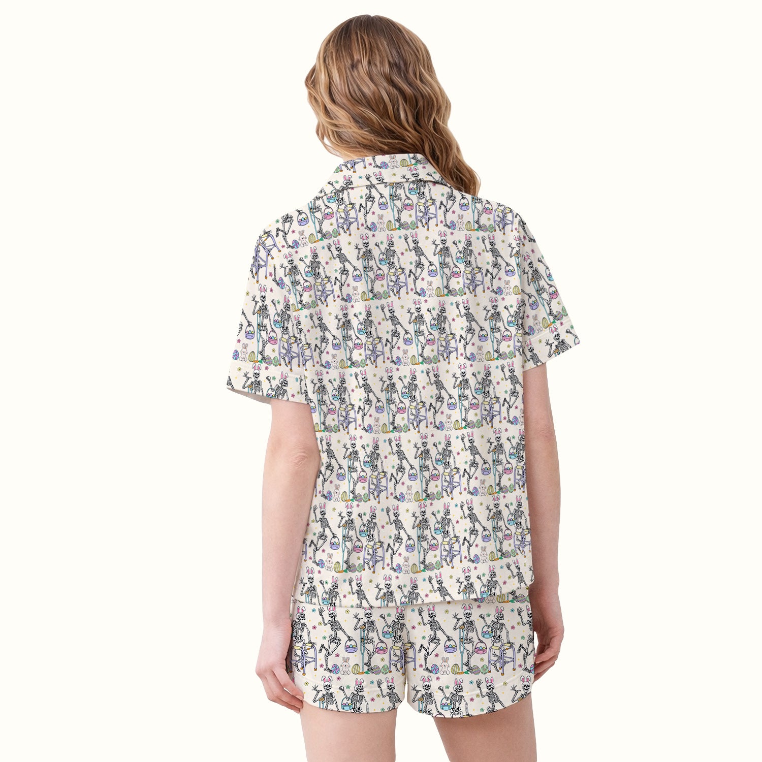 Fun Skeleton Bunny Easter Print Pajama Set, Breathable Fabrics Uniform