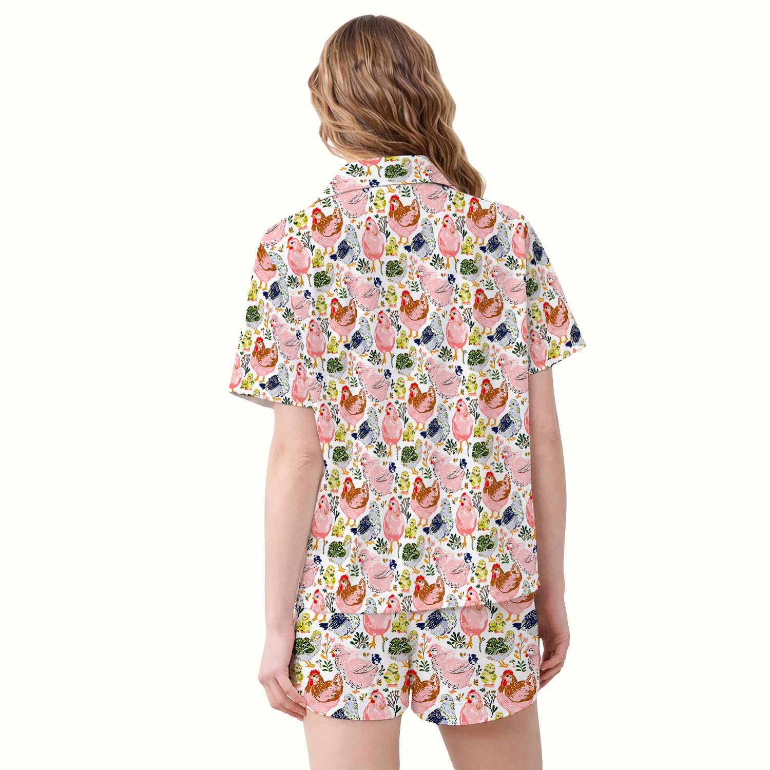 Cute Farm Chicken Hen Chick Pattern Pajama Set, Soft Breathable Fabric Comfortable Sleepwear