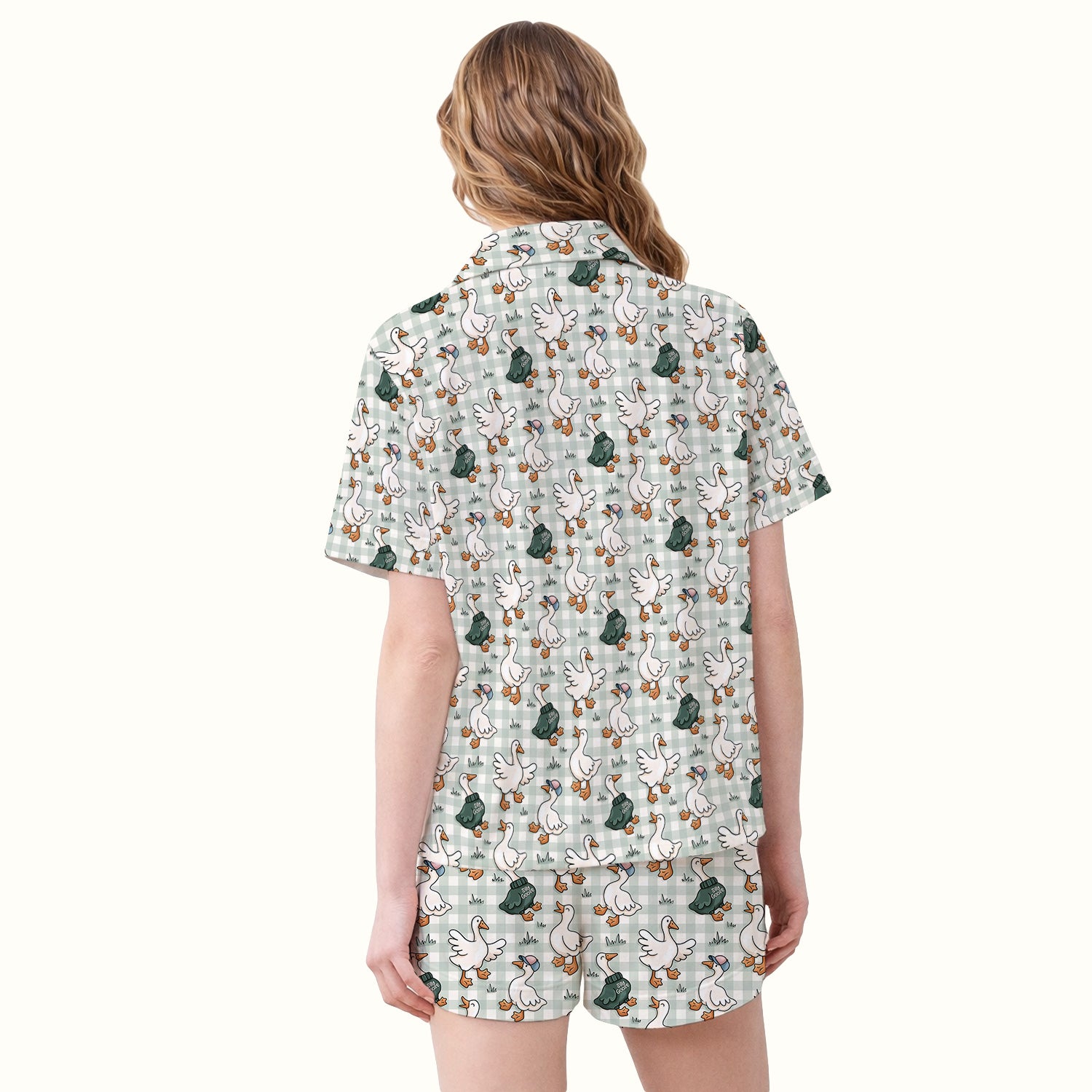 Funny Goose Wearing Sweater On Plaid Background Pattern Pajama Set, Soft Breathable Fabric Comfortable Sleepwear