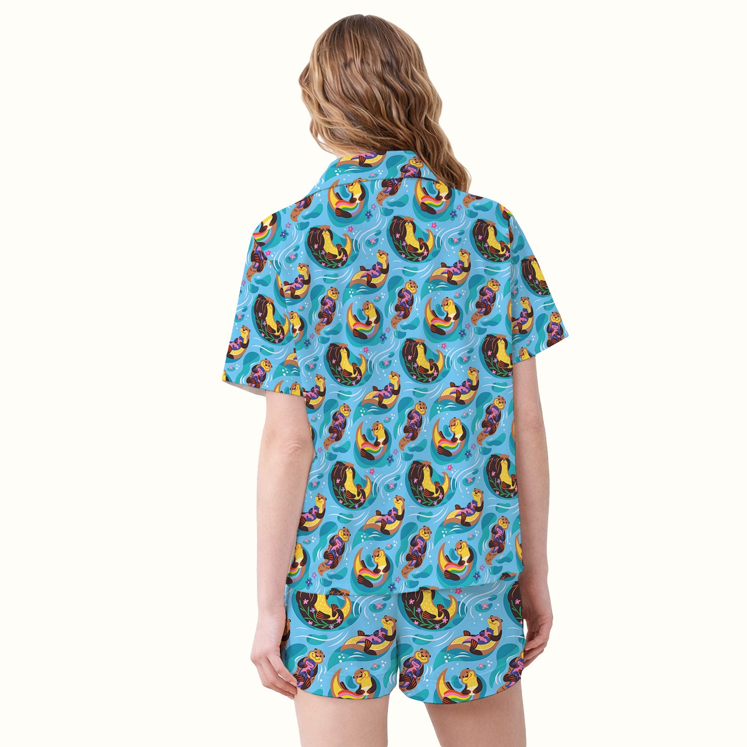 Otter Floating River Rainbow Pattern Pajama Set, Soft Breathable Fabric Comfortable Sleepwear
