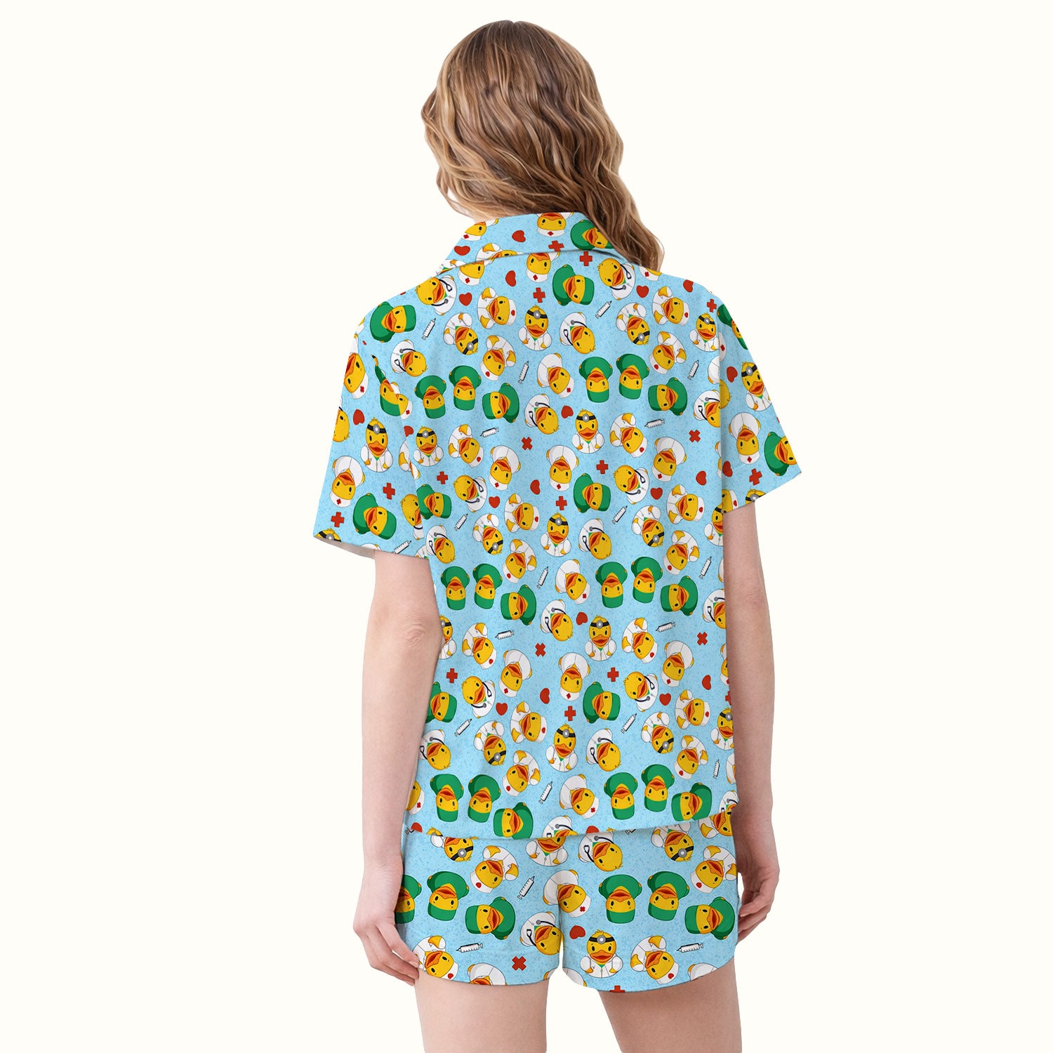 Duck Doctor Cartoon Pattern Pajama Set, Breathable Fabrics Uniform