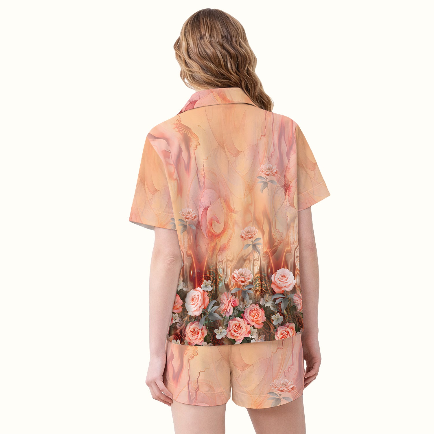 Elegant Peach Marble Rose Pattern Pajama Set, Soft Breathable Fabric Comfortable Sleepwear