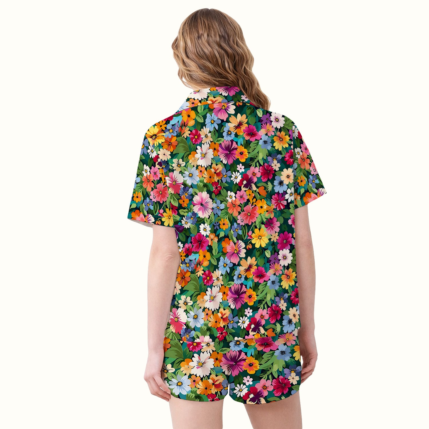 Colorful Wildflower Garden Pattern Pajama Set, Soft Breathable Fabric Comfortable Sleepwear