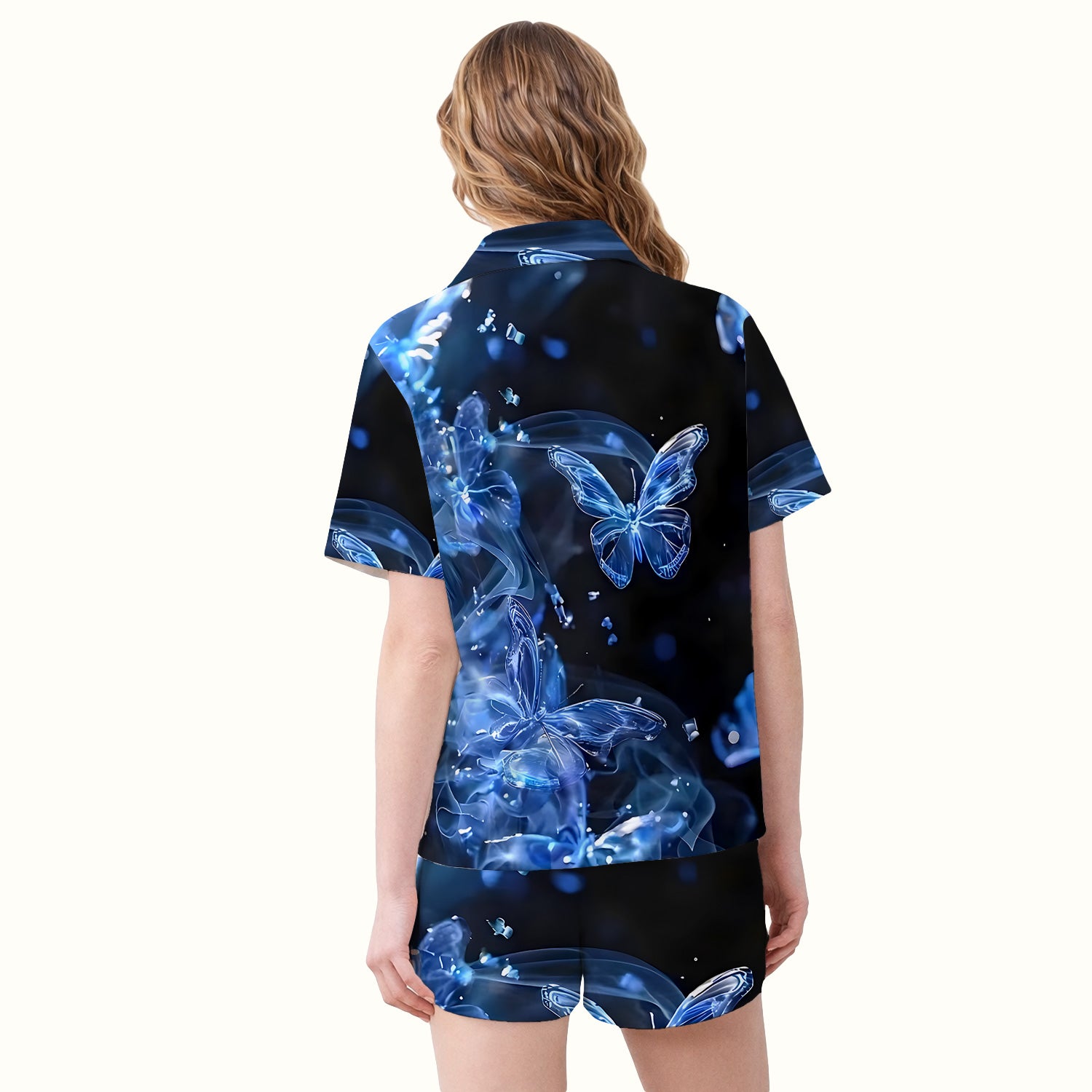 Glowing Blue Butterfly Garden Pattern Pajama Set, Soft Breathable Fabric Comfortable Sleepwear
