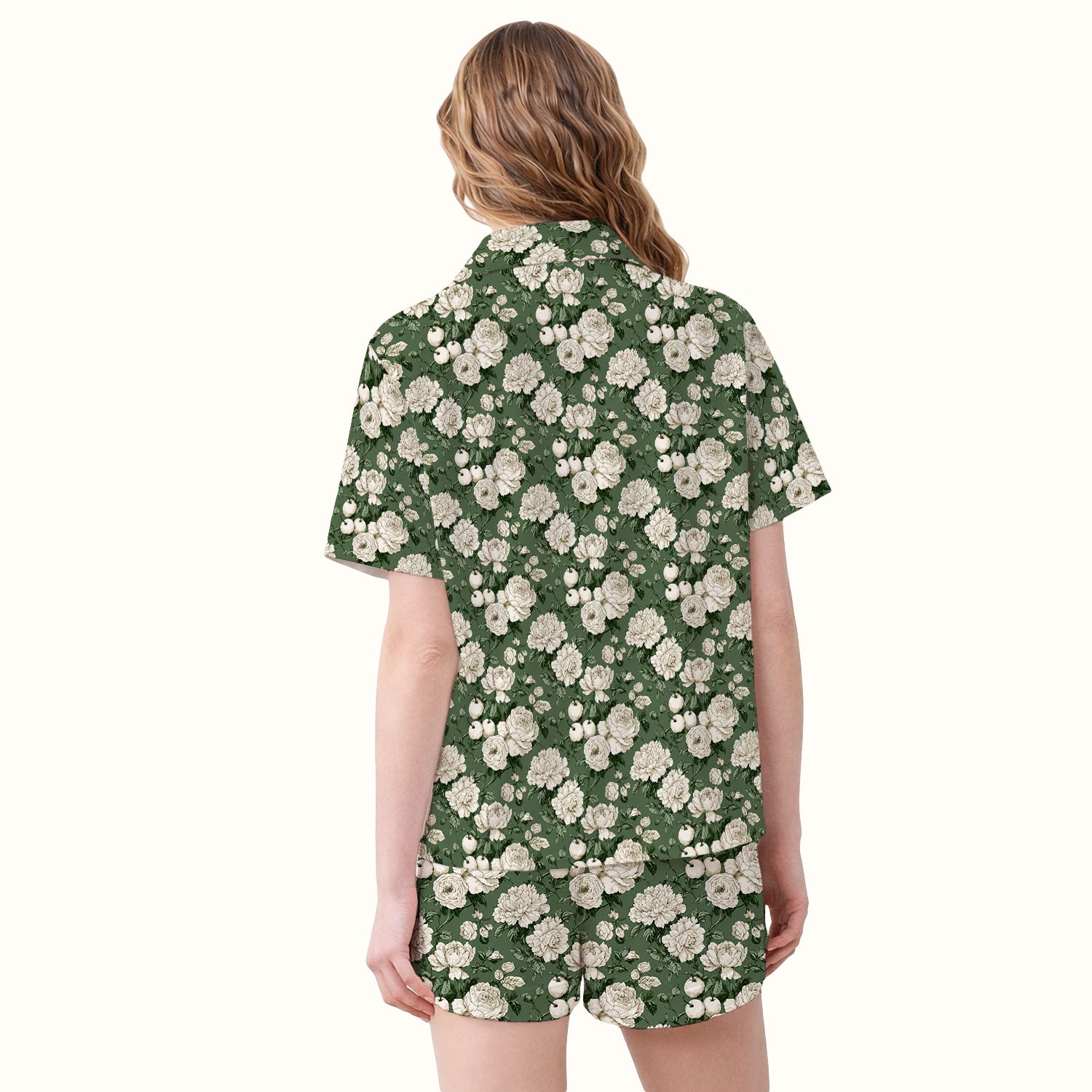 Elegant White Rose Garden Pattern Pajama Set, Soft Breathable Fabric Comfortable Sleepwear