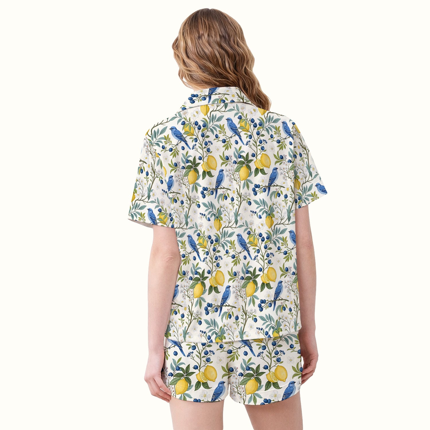 Cute Bluebird Lemon Berry Pattern Pajama Set, Soft Breathable Fabric Comfortable Sleepwear