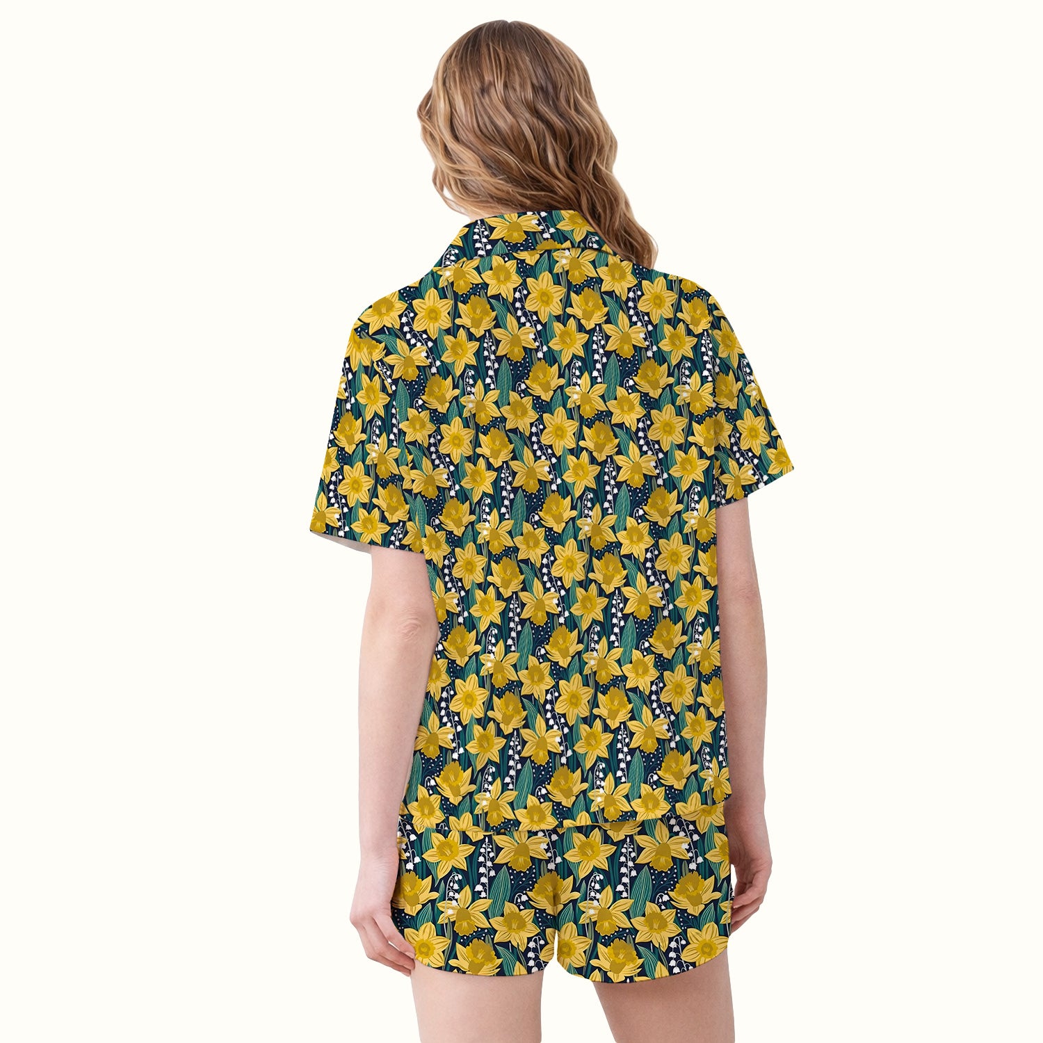 Yellow Daffodil Lily Valley Pattern Pajama Set, Soft Breathable Fabric Comfortable Sleepwear