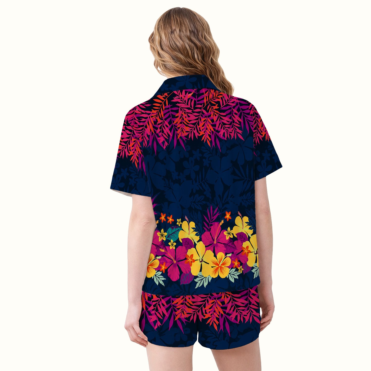 Tropical Hibiscus Palm Leaf Pattern Pajama Set, Soft Breathable Fabric Comfortable Sleepwear