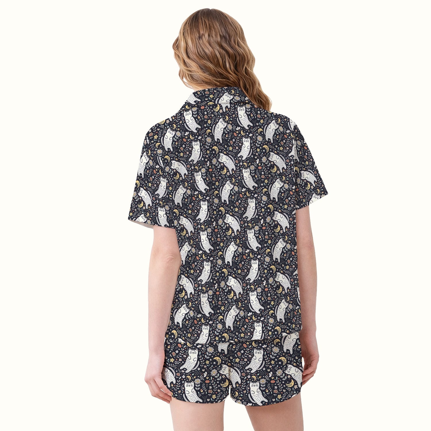 Moonlit Floral Cat Seamless Pattern Pajama Set, Soft Breathable Fabric Comfortable Sleepwear