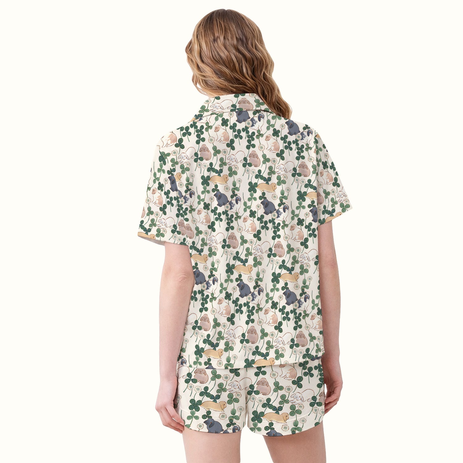 Cute Bunny Clover Garden Meadow Pattern Nurse Pajama Set, Soft Breathable Fabric Comfortable Sleepwear