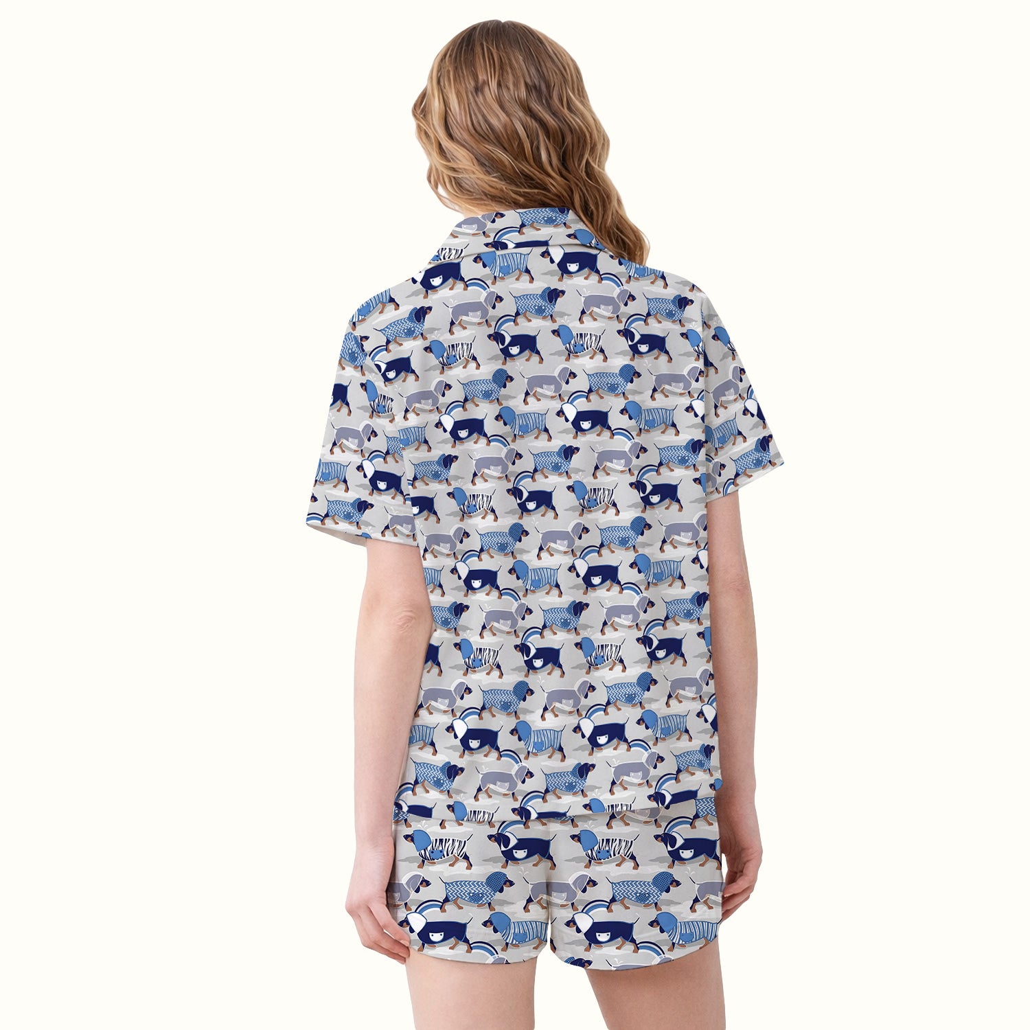 Cute Dachshund Raincoat Parade Pattern Pajama Set, Soft Breathable Fabric Comfortable Sleepwear