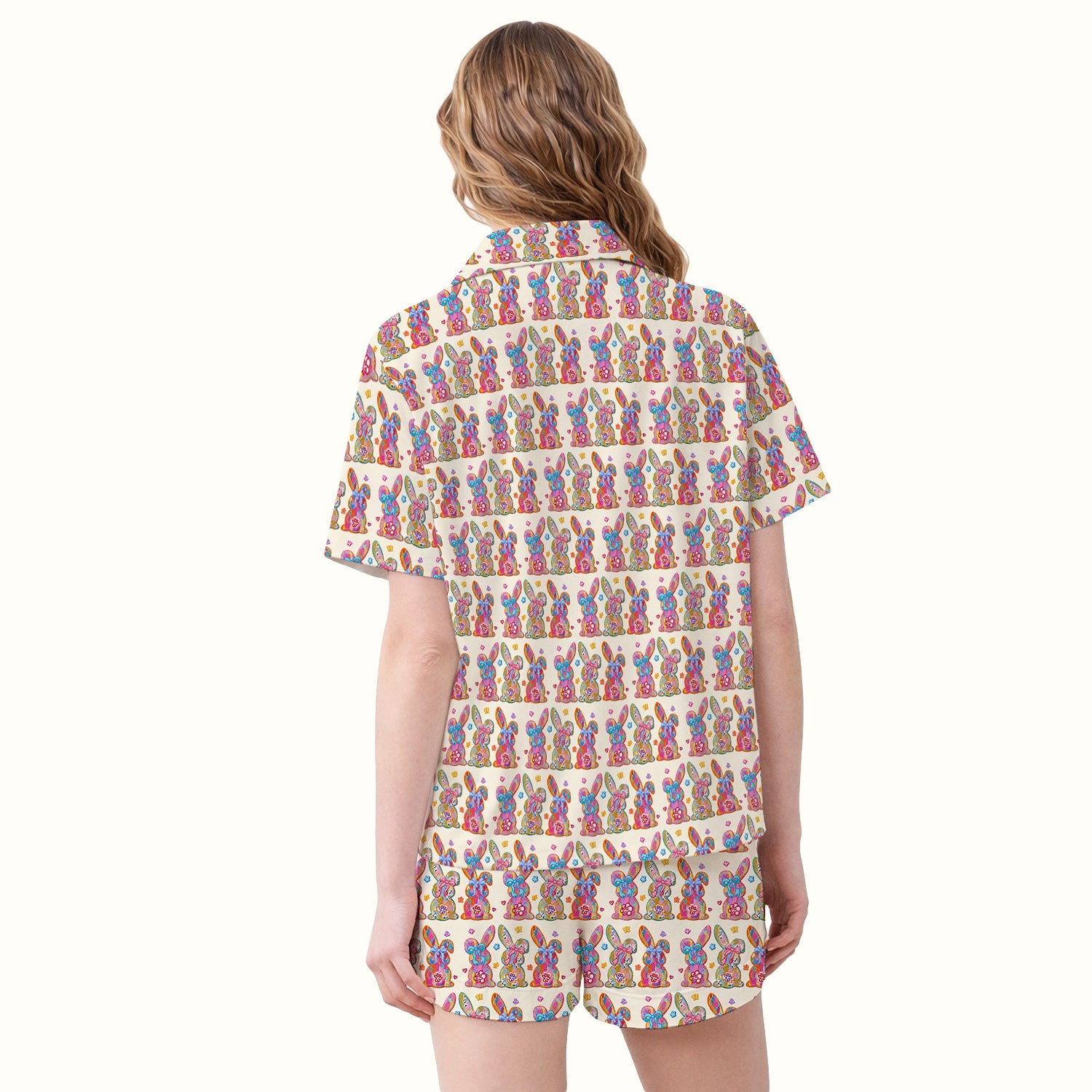 Cute Pastel Bunny Floral Pattern Pajama Set, Breathable Fabrics Uniform