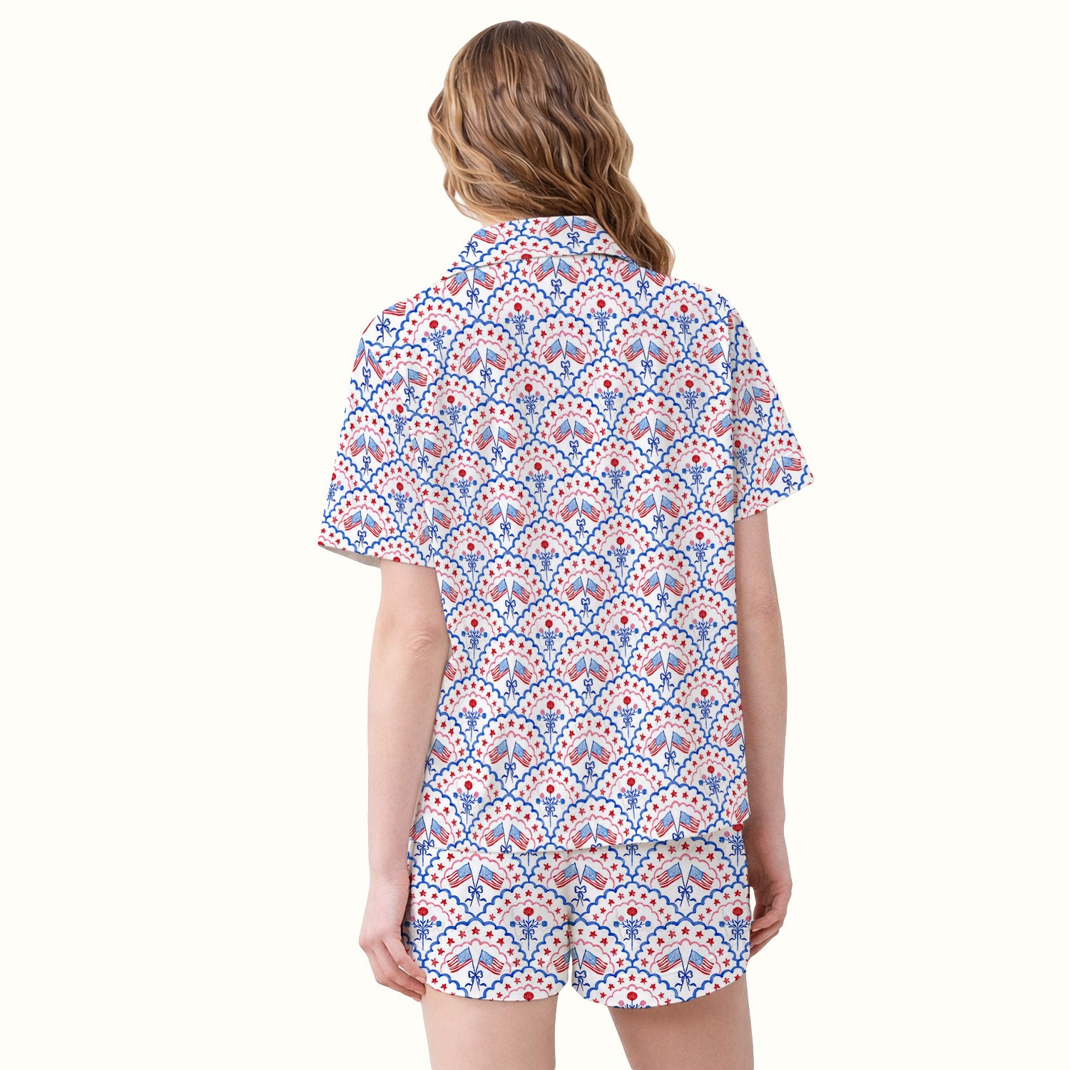 Patriotic Scallop Star Flag Floral Pattern Pajama Set, Soft Breathable Fabric Comfortable Sleepwear