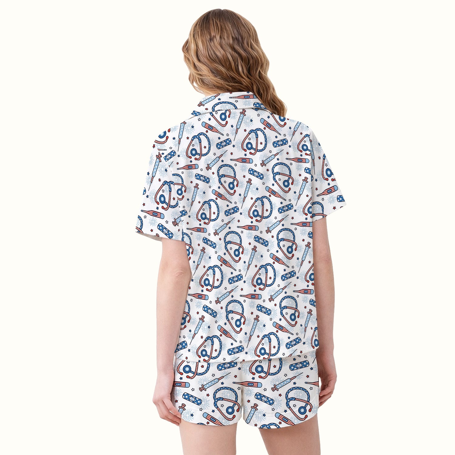 Funny Patriotic Stethoscope Bandage Nurse Pattern Pajama Set, Soft Breathable Fabric Comfortable Sleepwear