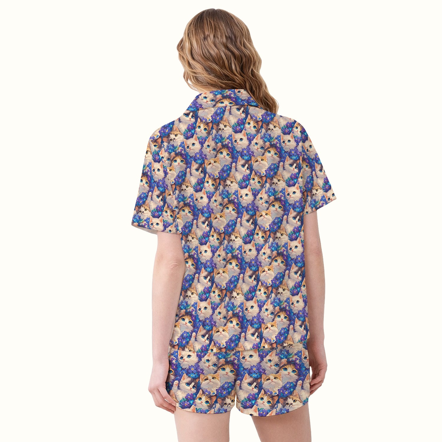 Cute Blue Eyed Kitten Pattern Pajama Set, Soft Breathable Fabric Comfortable Sleepwear