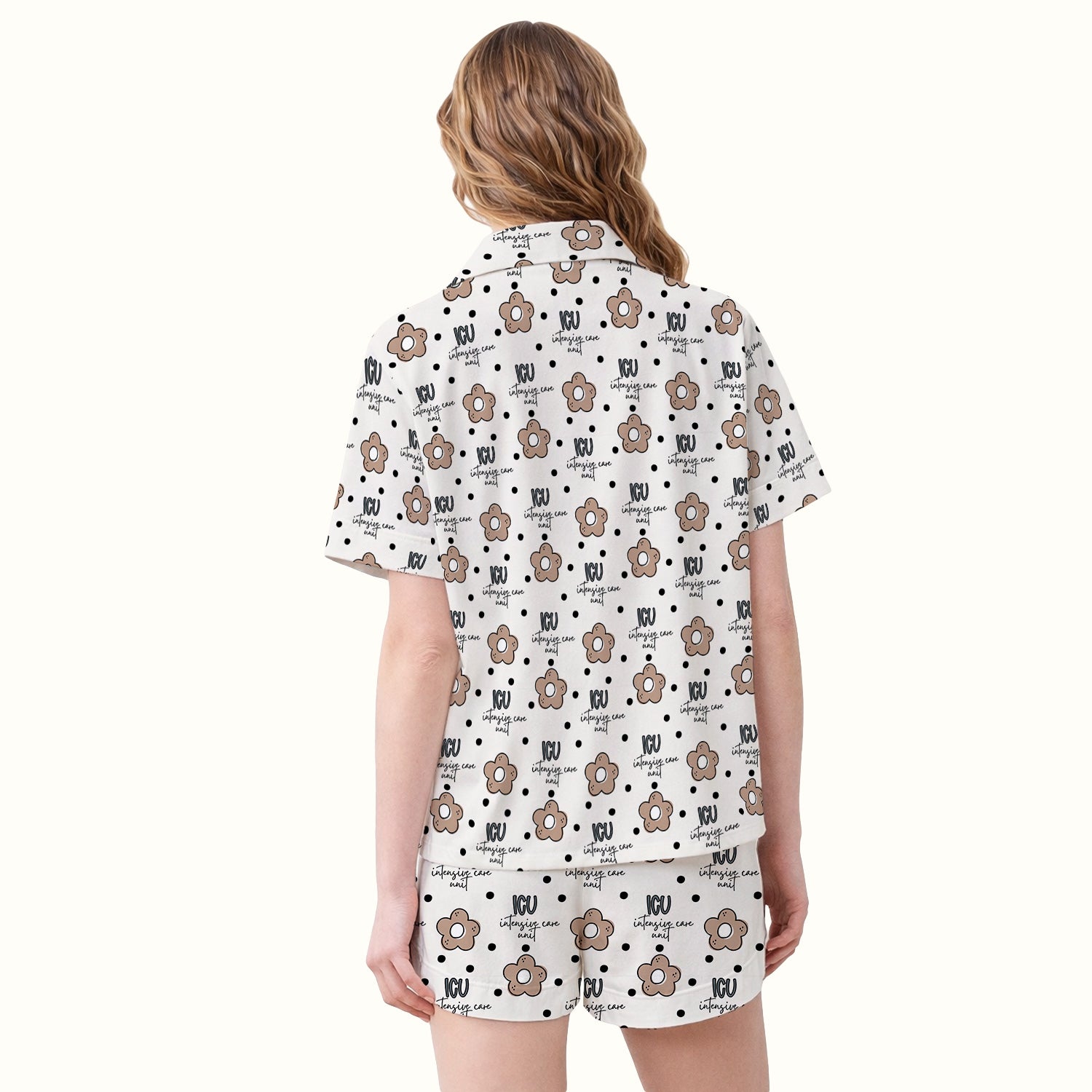 Cute ICU Nurse Flower Polka Dot Pattern Pajama Set, Soft Breathable Fabric Comfortable Sleepwear