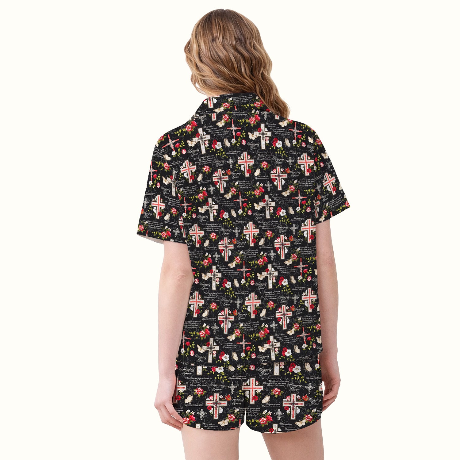 Christian Cross Roses And Butterflies Print Pajama Set, Soft Breathable Fabric Comfortable Sleepwear