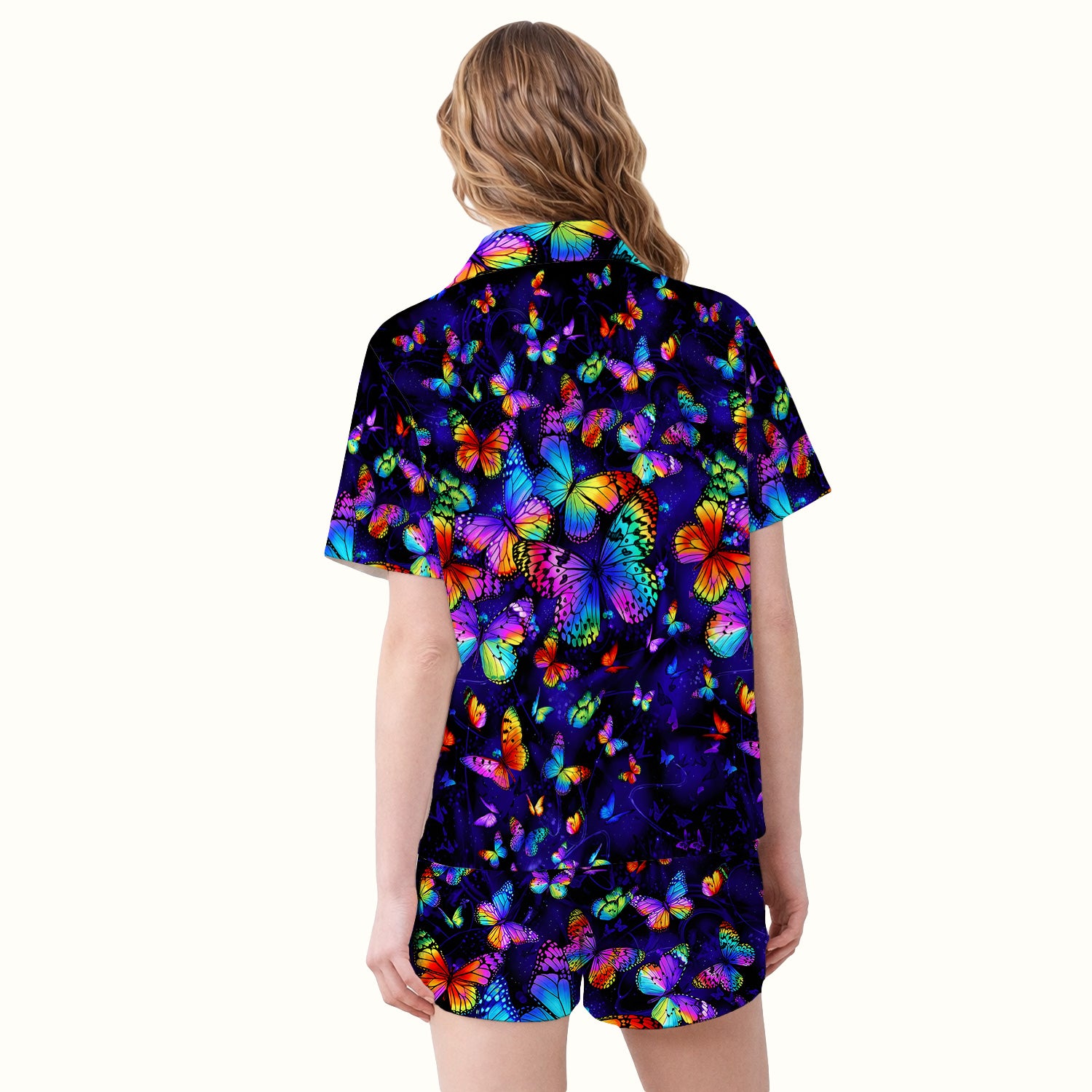 Vibrant Rainbow Butterfly Galaxy Pattern Pajama Set, Soft Breathable Fabric Comfortable Sleepwear