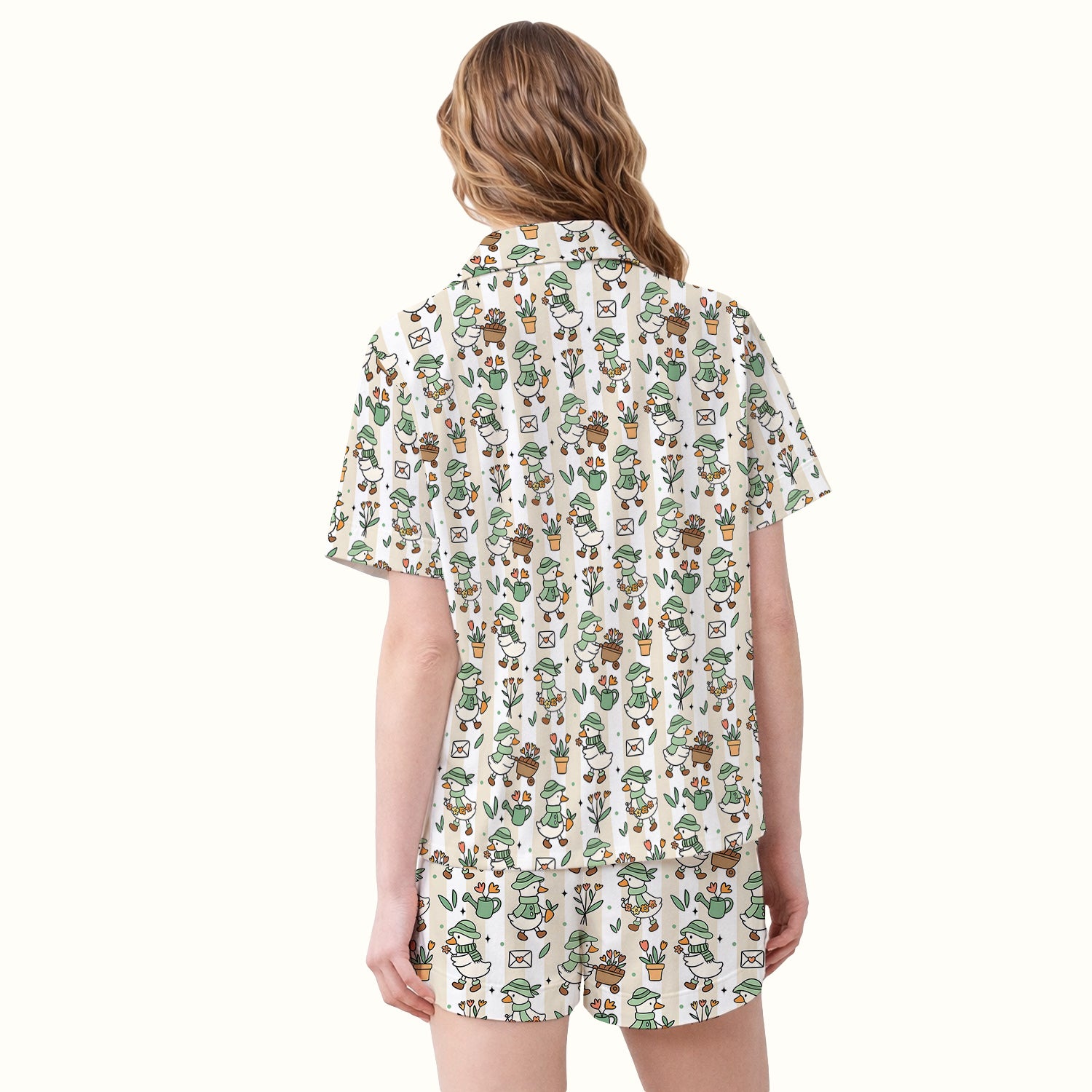 Cute Gardening Duck Floral Pattern Pajama Set, Soft Breathable Fabric Comfortable Sleepwear