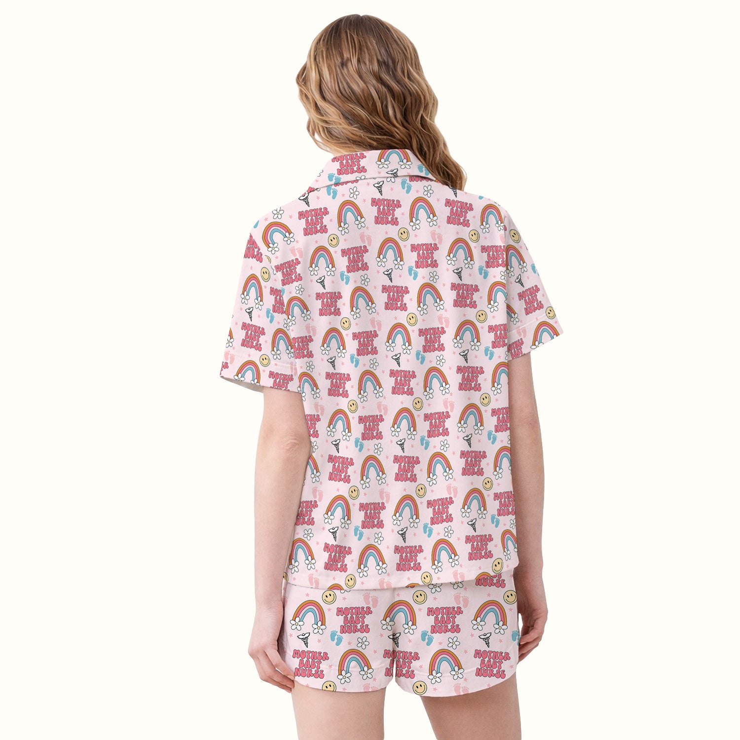 Sweet Mother Baby Nurse Rainbow Pattern Pajama Set, Soft Breathable Fabric Comfortable Sleepwear