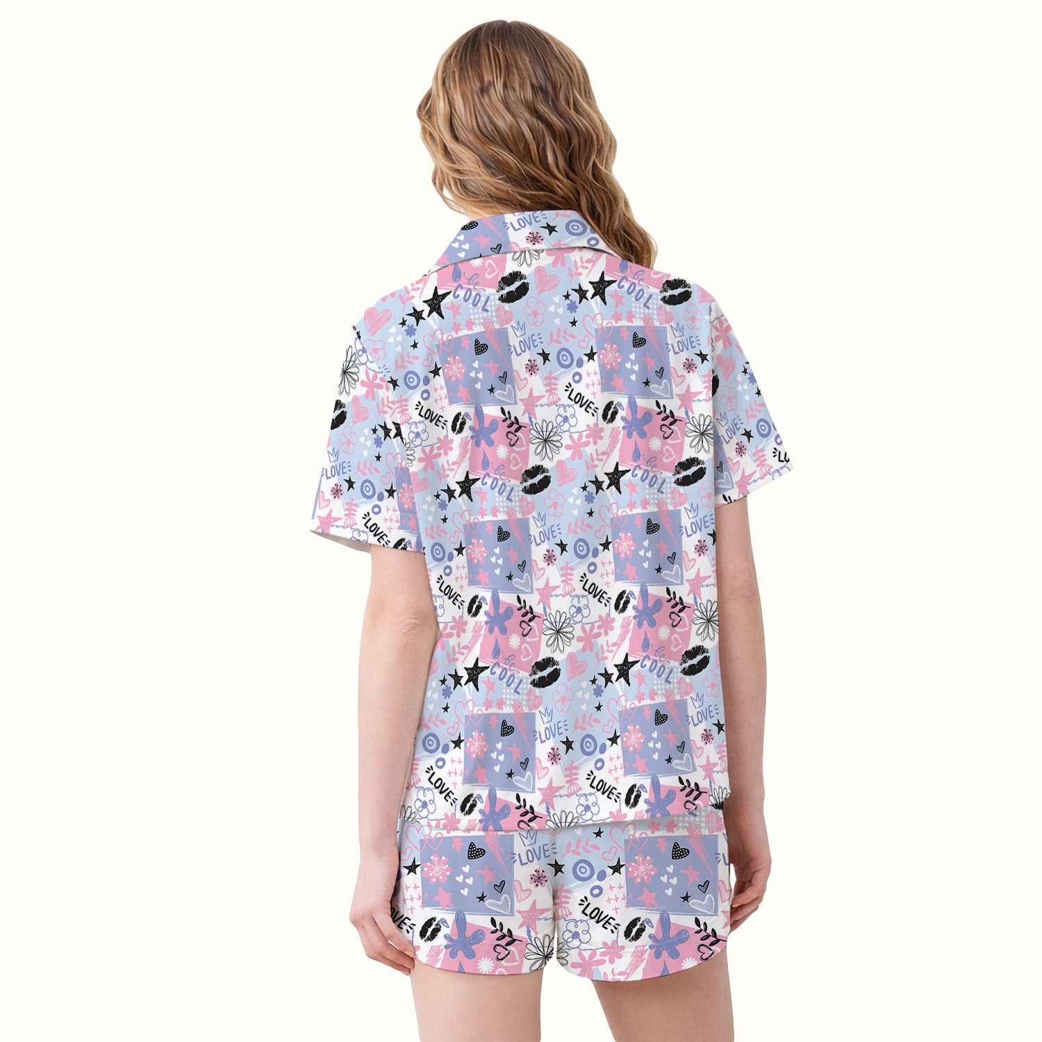 Cute Love Hearts Doodle Print Pajama Set, Soft Breathable Fabric Comfortable Sleepwear