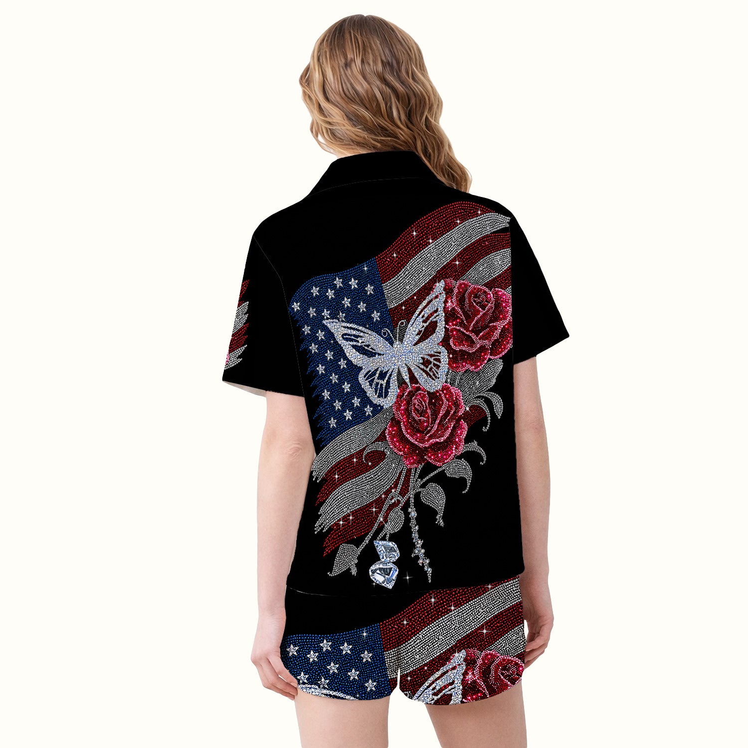 Patriotic Butterfly Rose Flag Print Pajama Set, Soft Breathable Fabric Comfortable Sleepwear