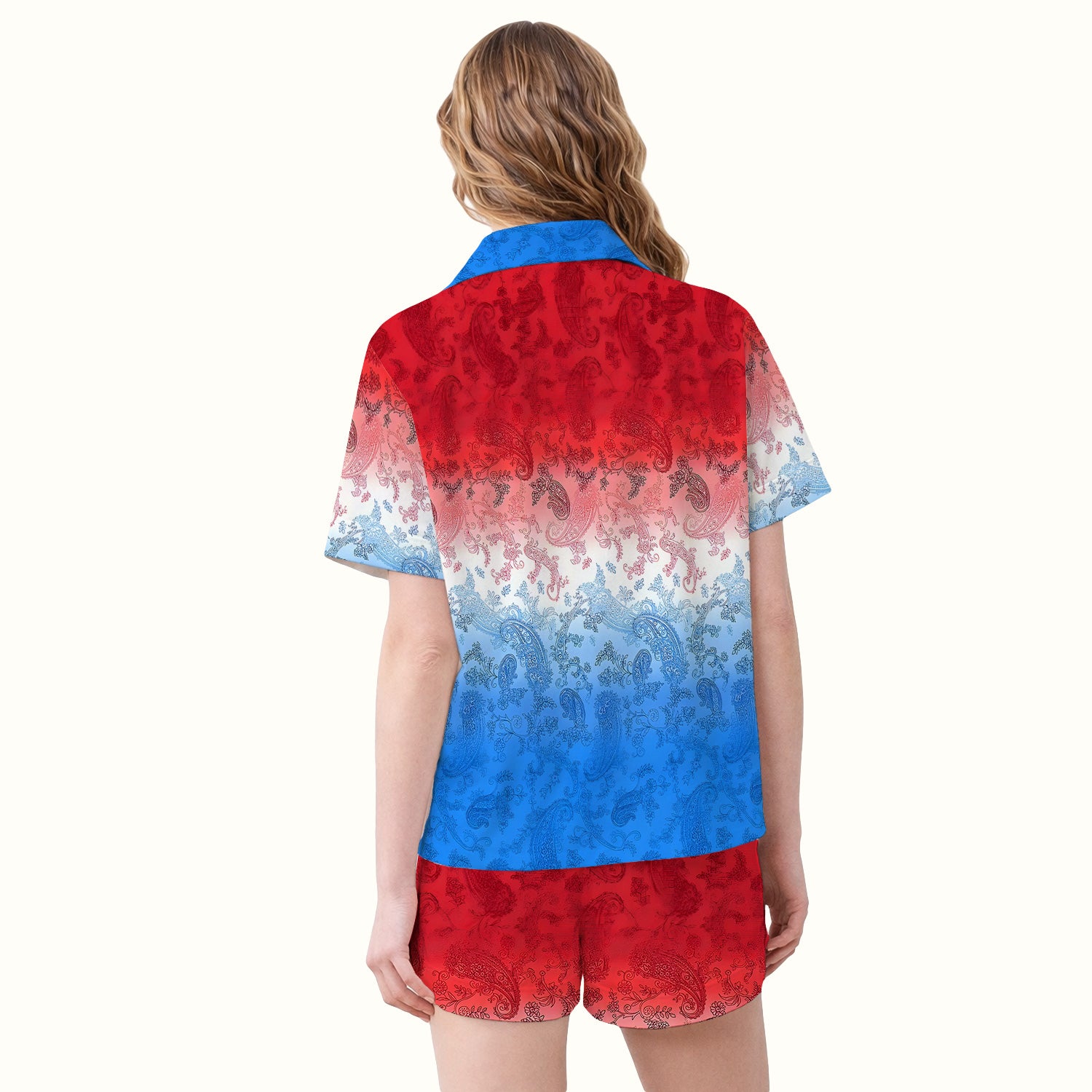 Red Blue Paisley Ombre Pattern Pajama Set, Soft Breathable Fabric Comfortable Sleepwear