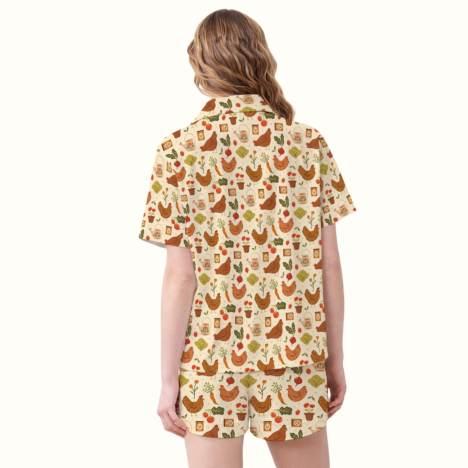 Rustic Farm Chicken Garden Vegetable Pattern Pajama Set, Soft Breathable Fabric Comfortable Sleepwear