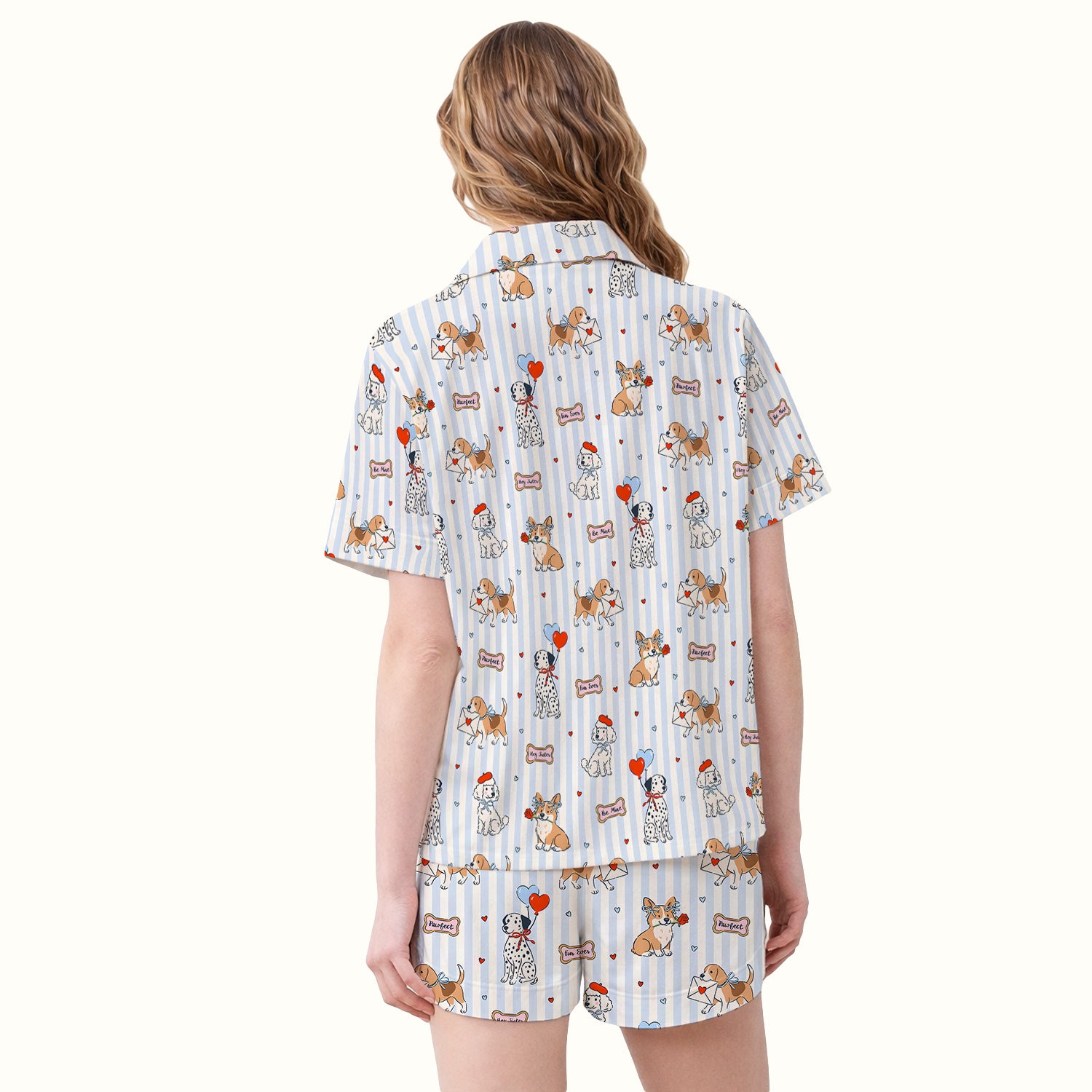 Valentine Puppy Heart Pattern Pajama Set, Soft Breathable Fabric Comfortable Sleepwear