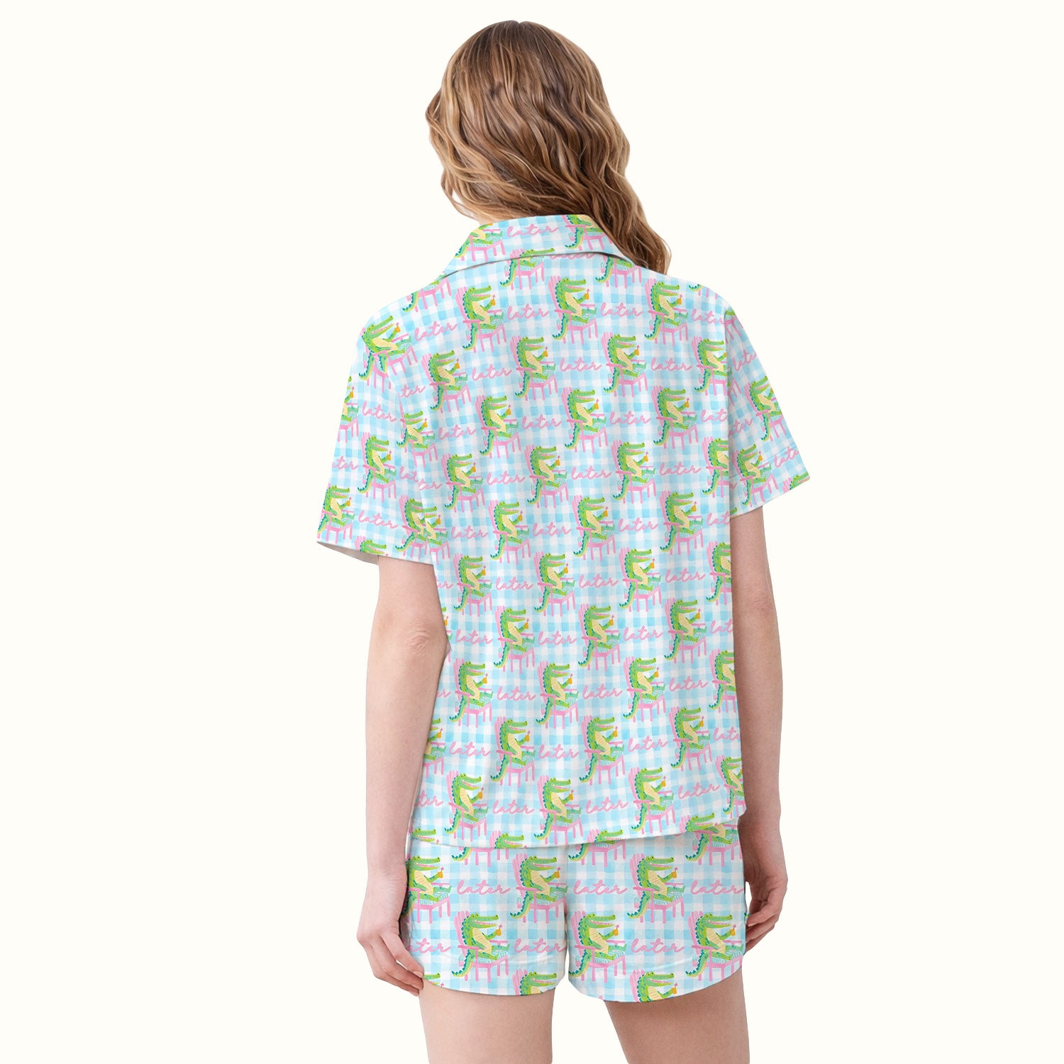 Funny Lazy Crocodile Later Pattern Pajama Set, Soft Breathable Fabric Comfortable Sleepwear