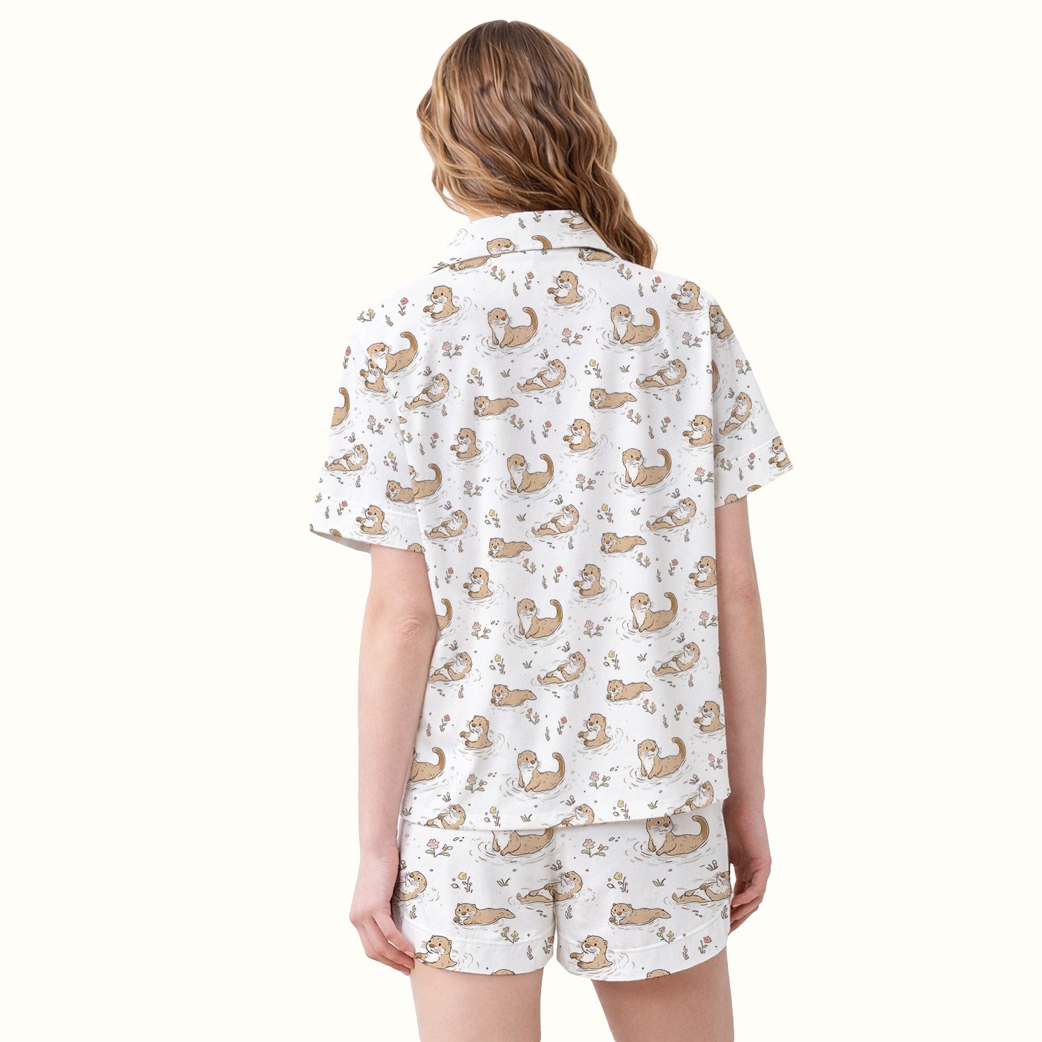 Otter Swimming Floating Water Pattern Pajama Set, Breathable Fabrics Uniform