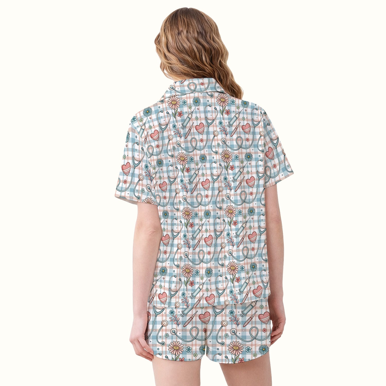 Stethoscope Heart Syringe Floral Plaid Pattern Pajama Set, Breathable Fabrics Uniform