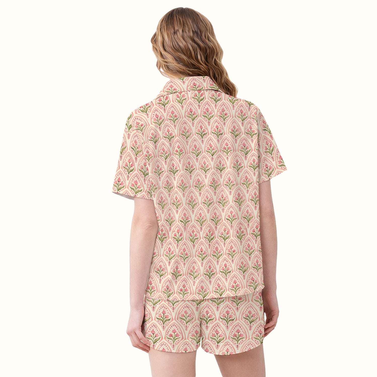 Pink Tulip Floral Arch Pattern Pajama Set, Soft Breathable Fabric Comfortable Sleepwear