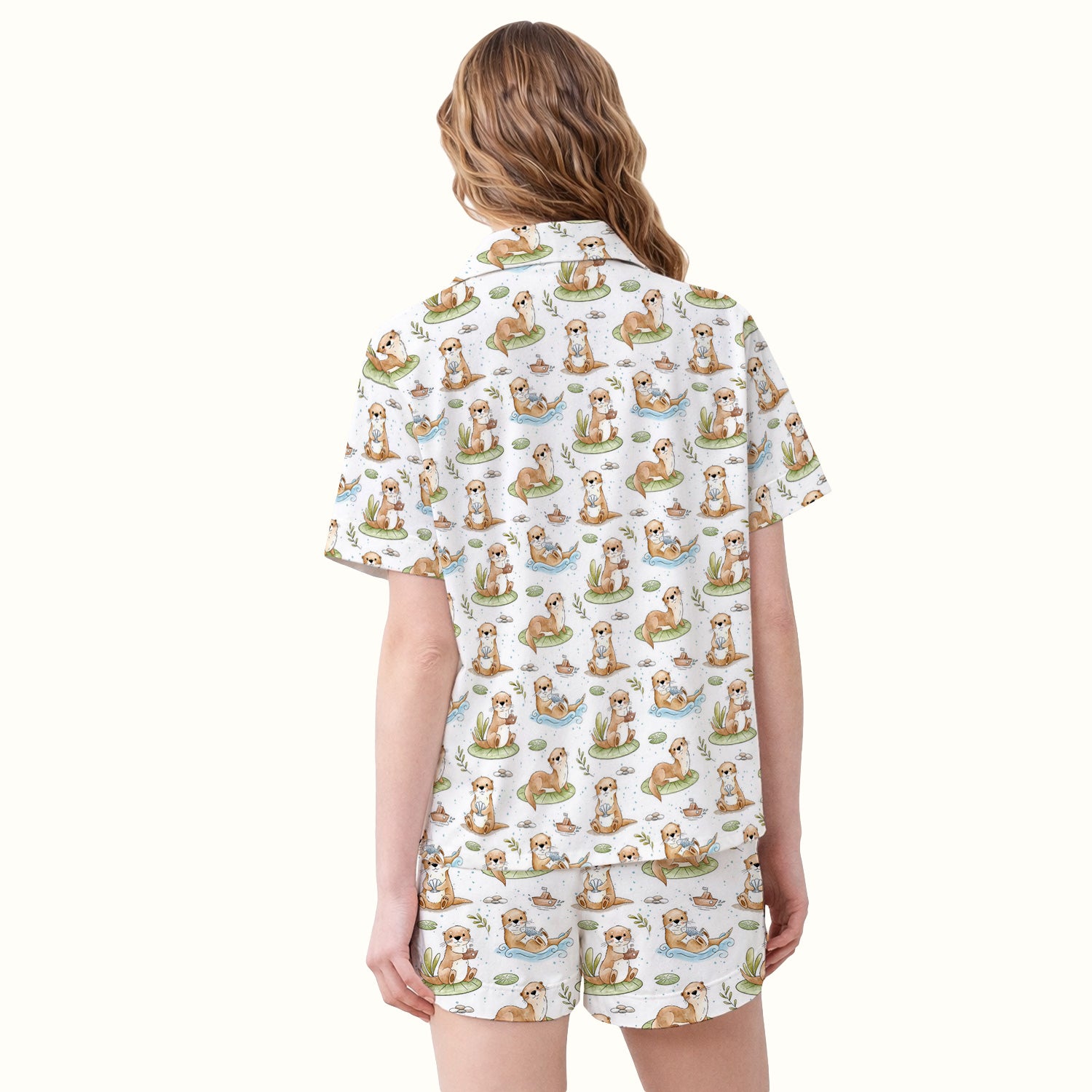 Cute Otter With Lily Pad Pattern Pajama Set, Soft Breathable Fabric Comfortable Sleepwear