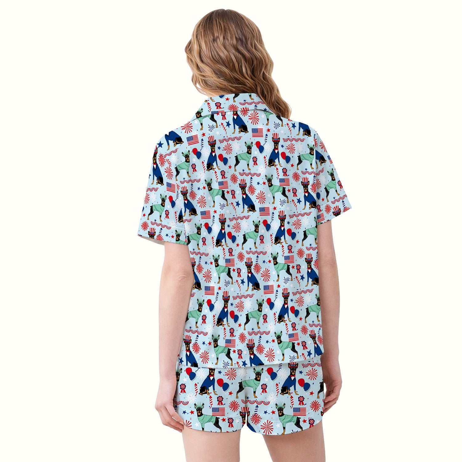 Patriotic Doberman Liberty Fireworks Pattern Pajama Set, Soft Breathable Fabric Comfortable Sleepwear
