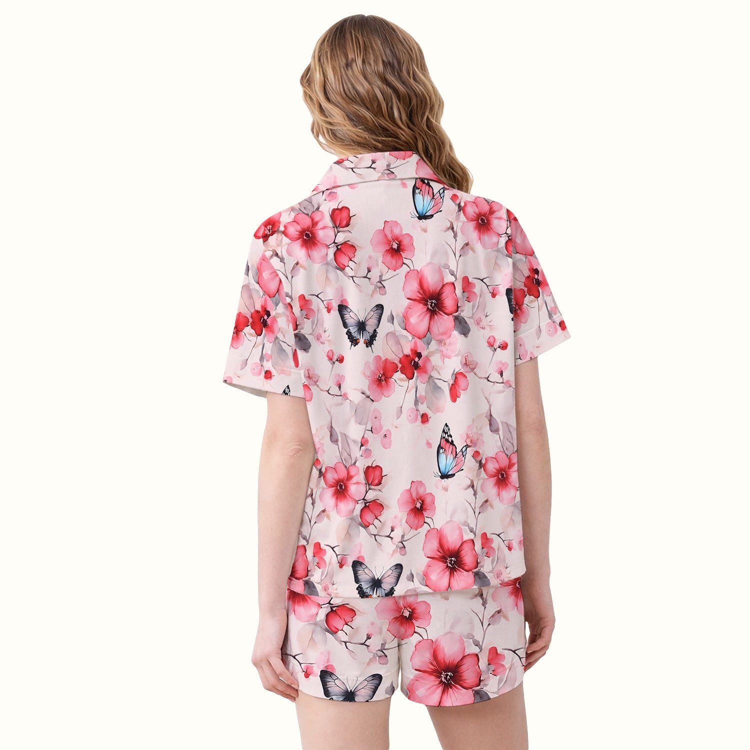 Pink Butterfly Blossom Pattern Pajama Set, Soft Breathable Fabric Comfortable Sleepwear