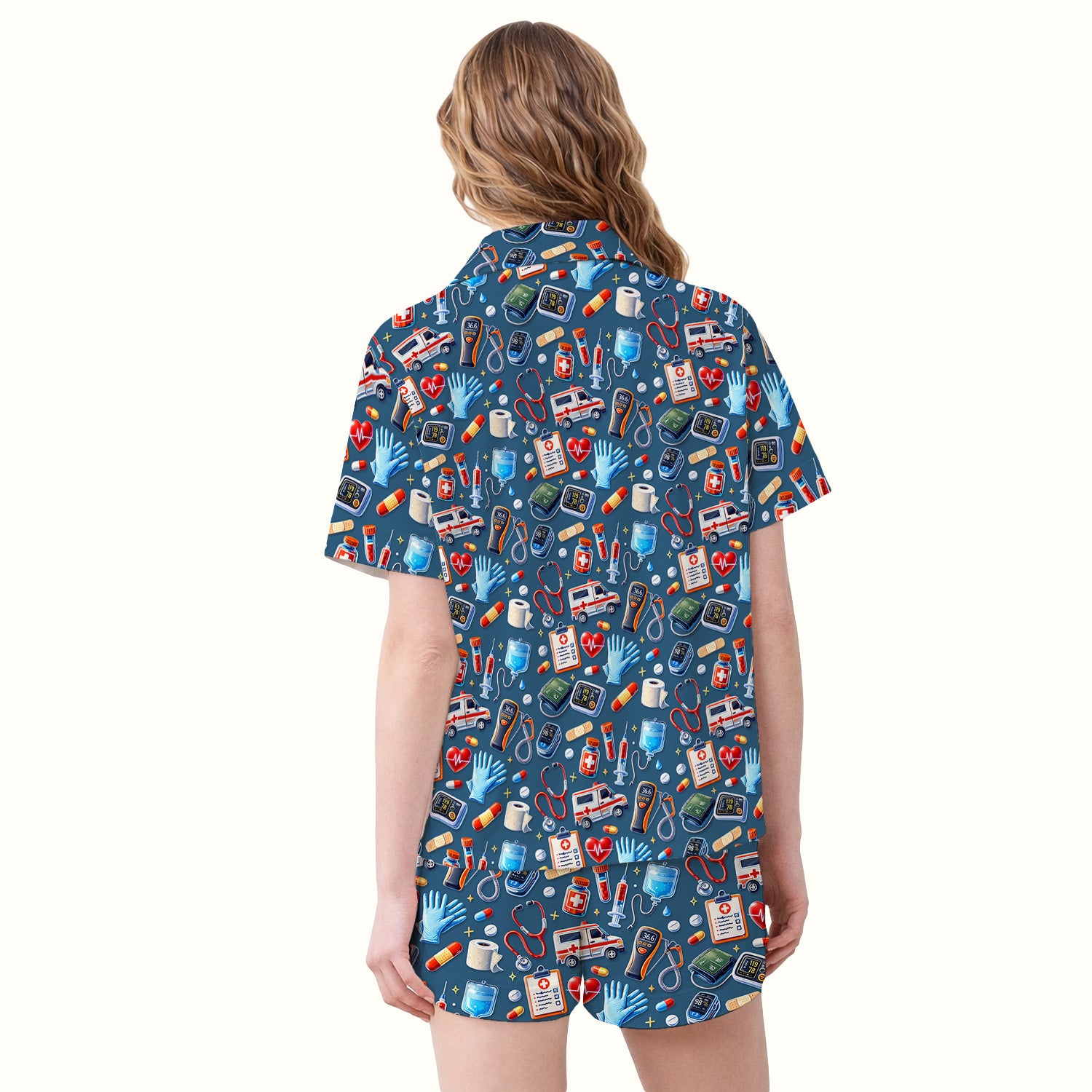 Medical Tools Pattern Ambulance Stethoscope Pajama Set, Breathable Fabrics Uniform
