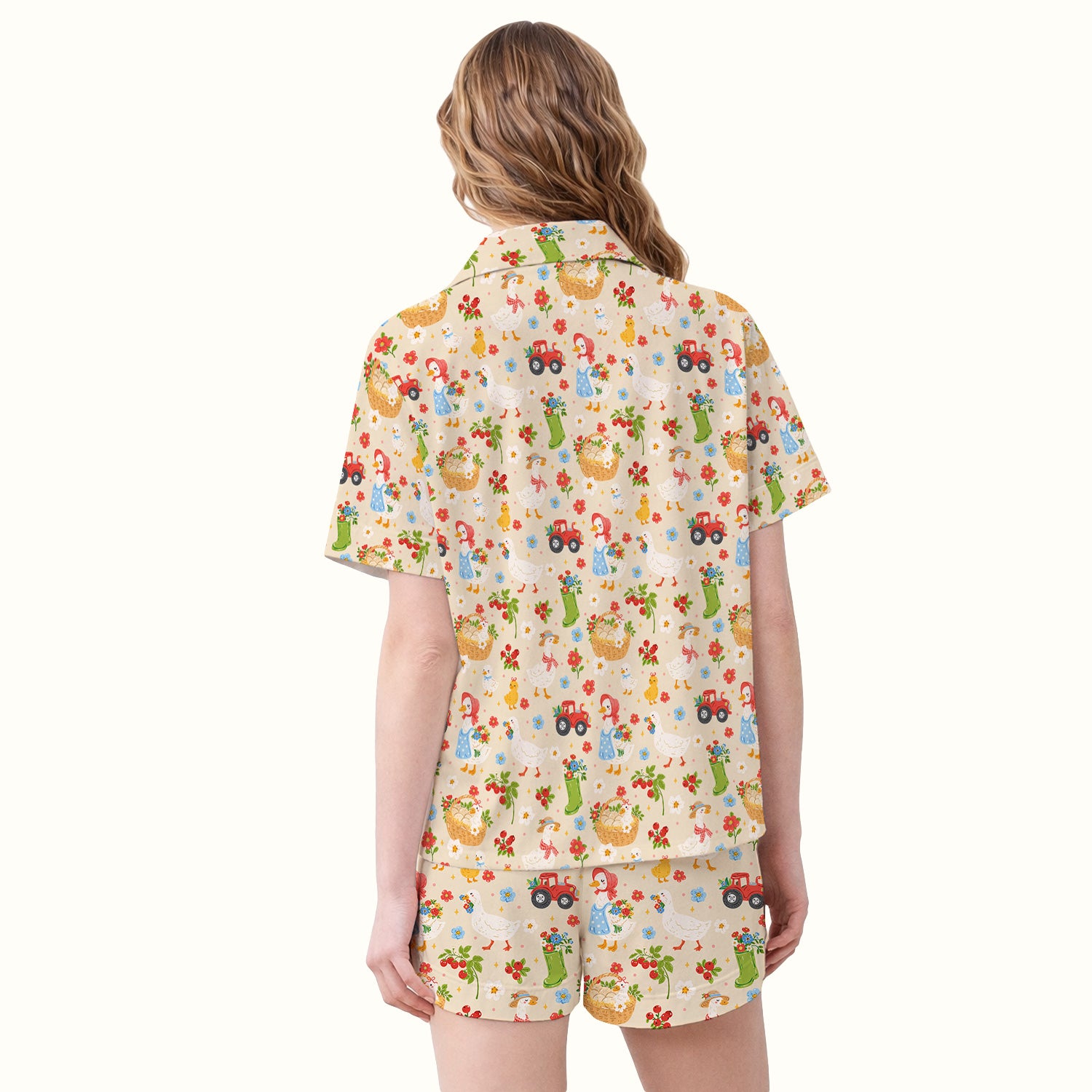 Farm Duck Chicken Tractor Flower Basket Pajama Set, Breathable Fabrics Uniform